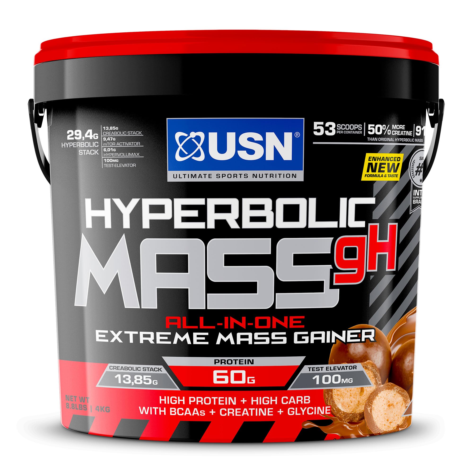 USNHyperbolic Mass GH Malted Chocolate 4kg: High Calorie Mass Gainer Protein Powder for Fast Muscle Mass and Weight Gain, With Added Creatine and Vitamins