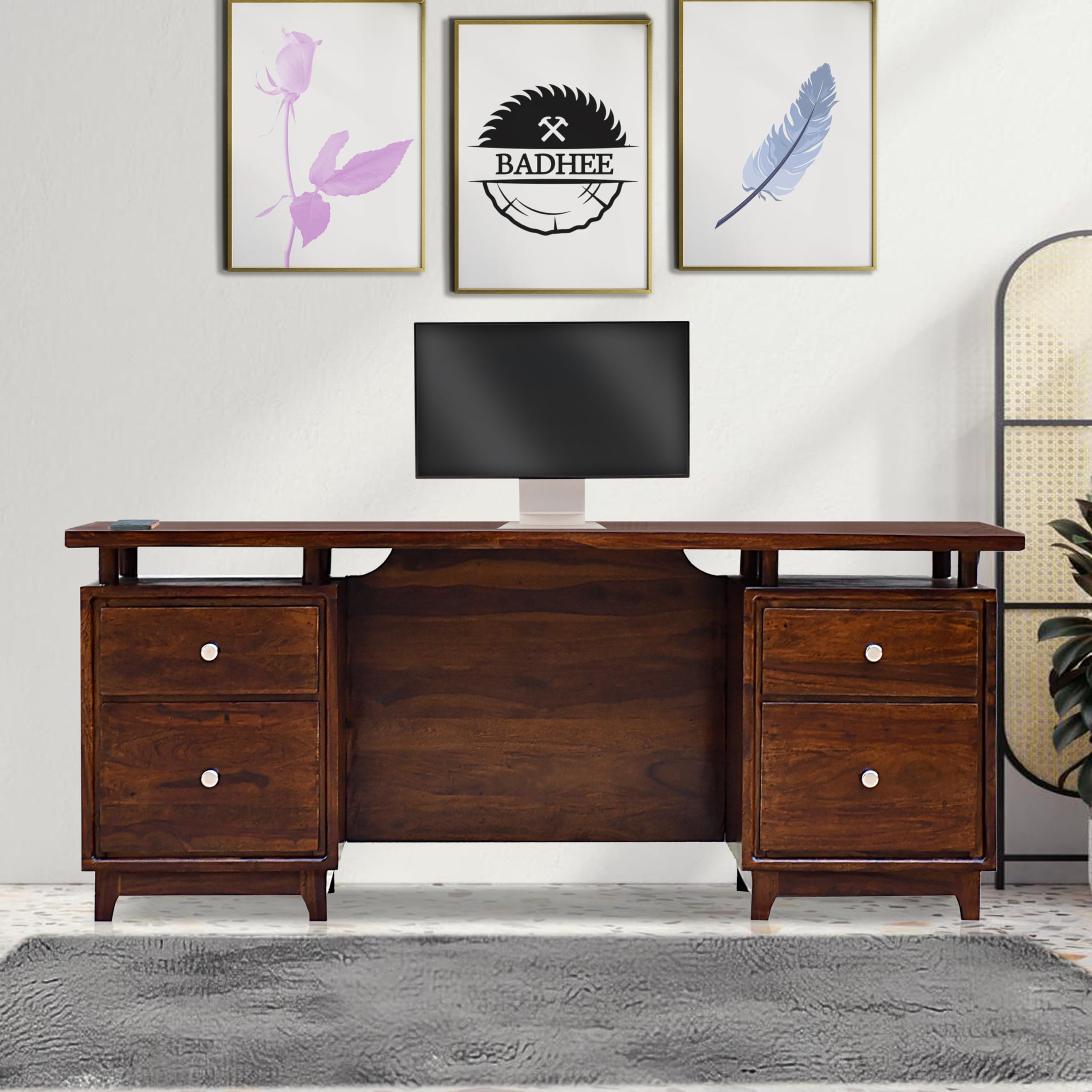 BADHEE Solid Sheesham Wood Study Table for Adults | Computer Table for Home | Wooden Writing Desk | Office Table for Office Work | Work from Home Table with 2 Drawers (3)