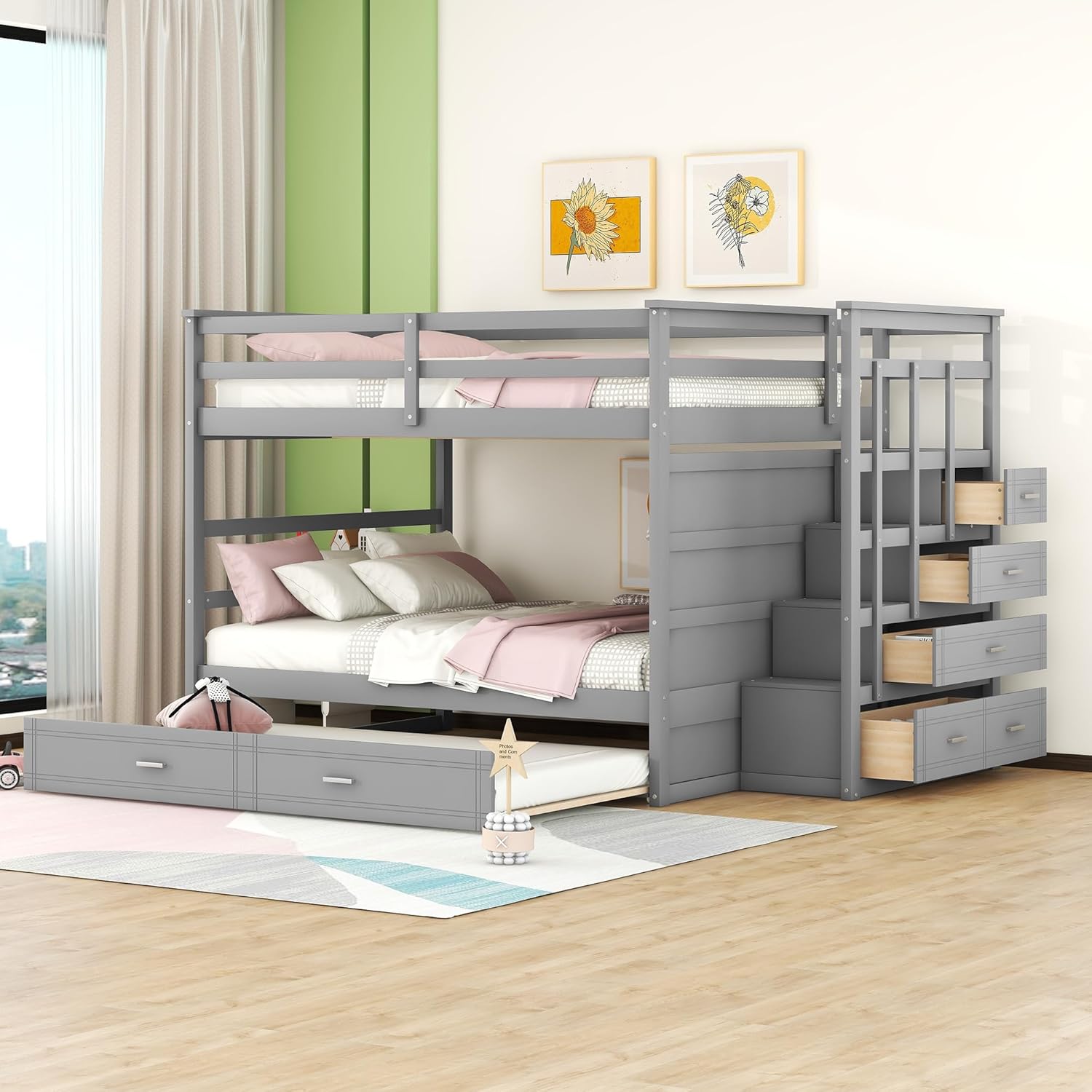 CITYLIGHT Full Over Full Bunk Beds with Stairs and Trundle