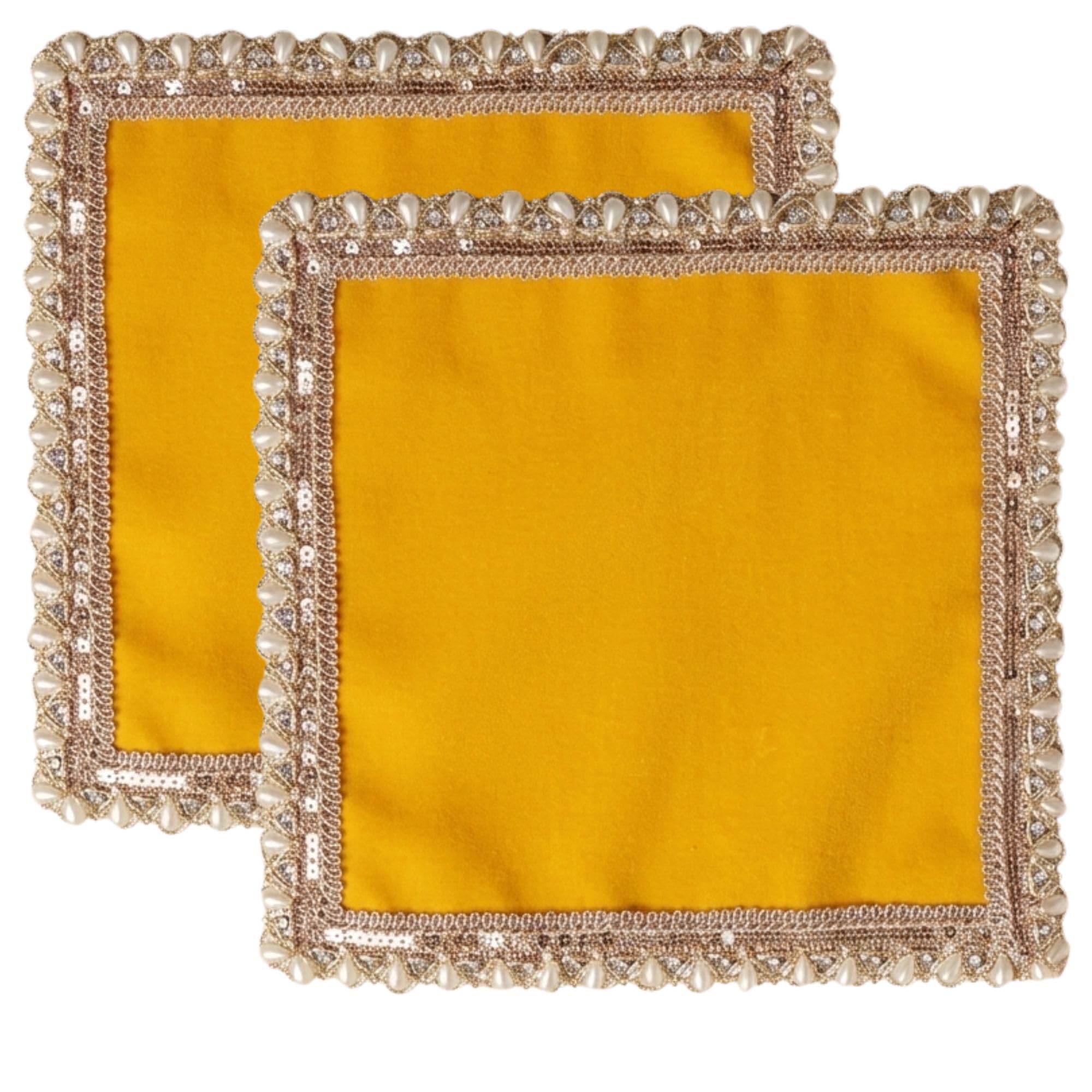 Pooja Chowki Aasan Cloth for God Idol - Yellow Velvet Puja Mat with Zari Embroidery Border , Mandir Chowki Asan Kapda for Ganesh Laddu Gopal Temple Shelf Sitting Baithak Decorative Designer Aashan (Yellow) - Pack of 2-image-5