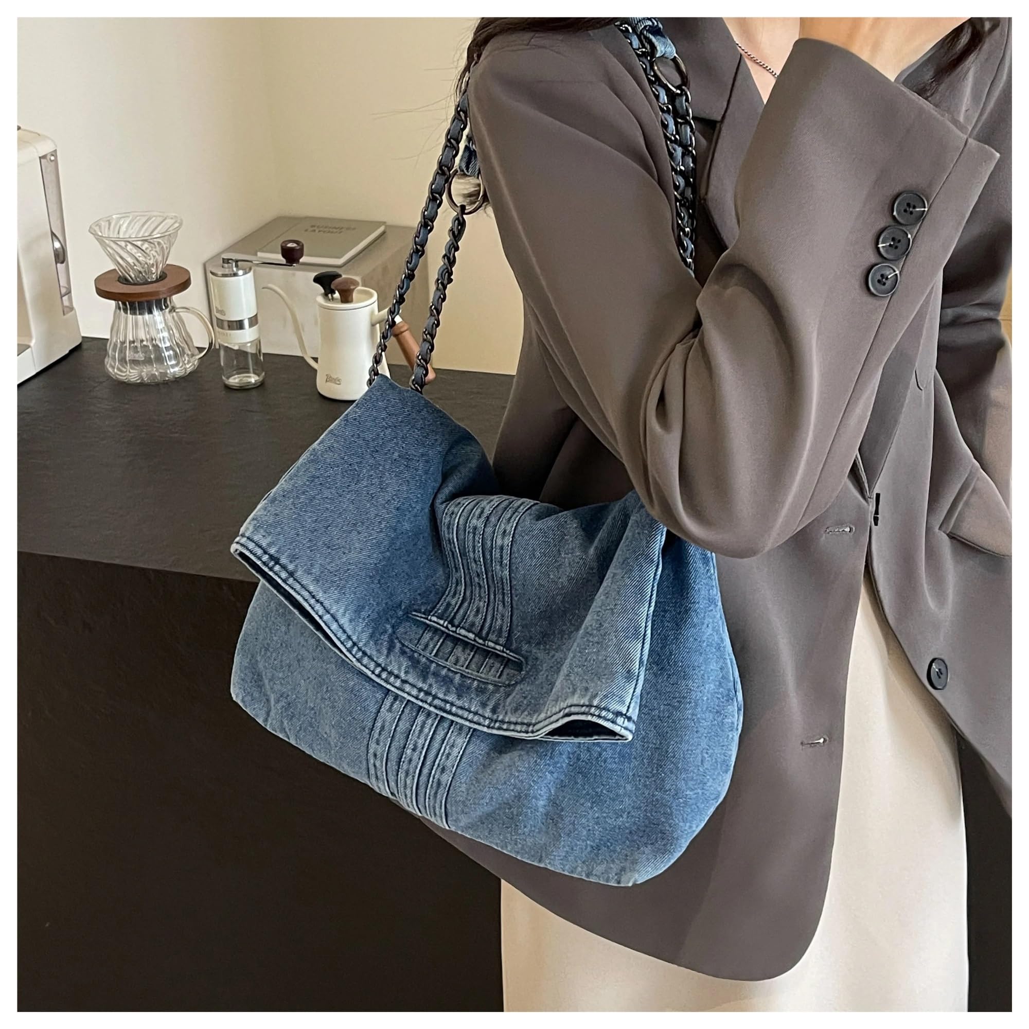 Borsa Jeans Donna Borsa da donna in denim, borsa a tracolla inclinata, tote originale retrò, pigra, grande capacità