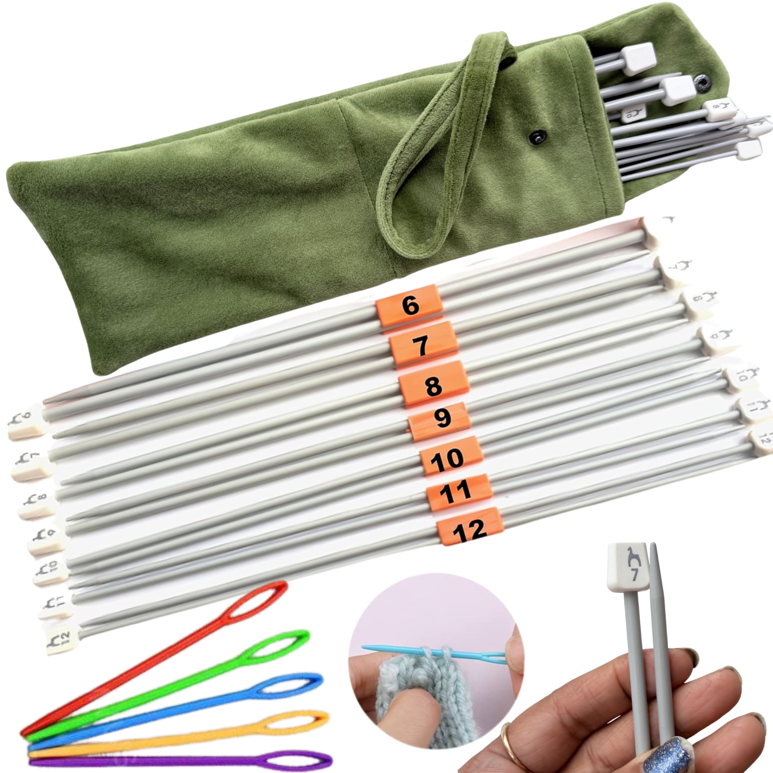 Artonezt Aluminum Straight Single Point Wool Rounded Knob Knitting Needles Set 25cm (Grey, Size No. 6 to 12) + Knitting Case + Large Eye Sweater Needles 9cm Wool Salai Knitting Needles Tool Kit-image-7