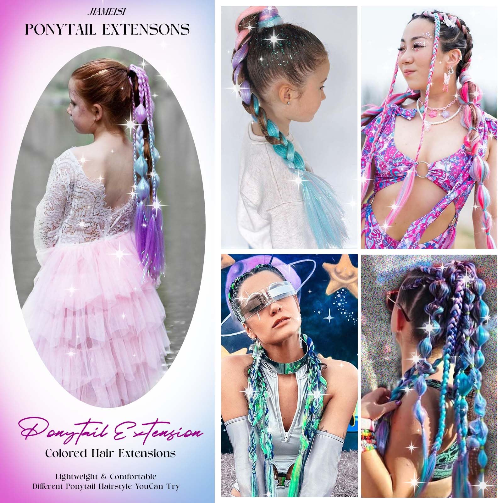 JIAMEISI Coloured Ponytail Extensions with Hair Tinsel Ombre Extensions for Braiding 26 Inch 100g Colourful Synthetic Pony Tail Extension for Girls Women #X36 - Image 3