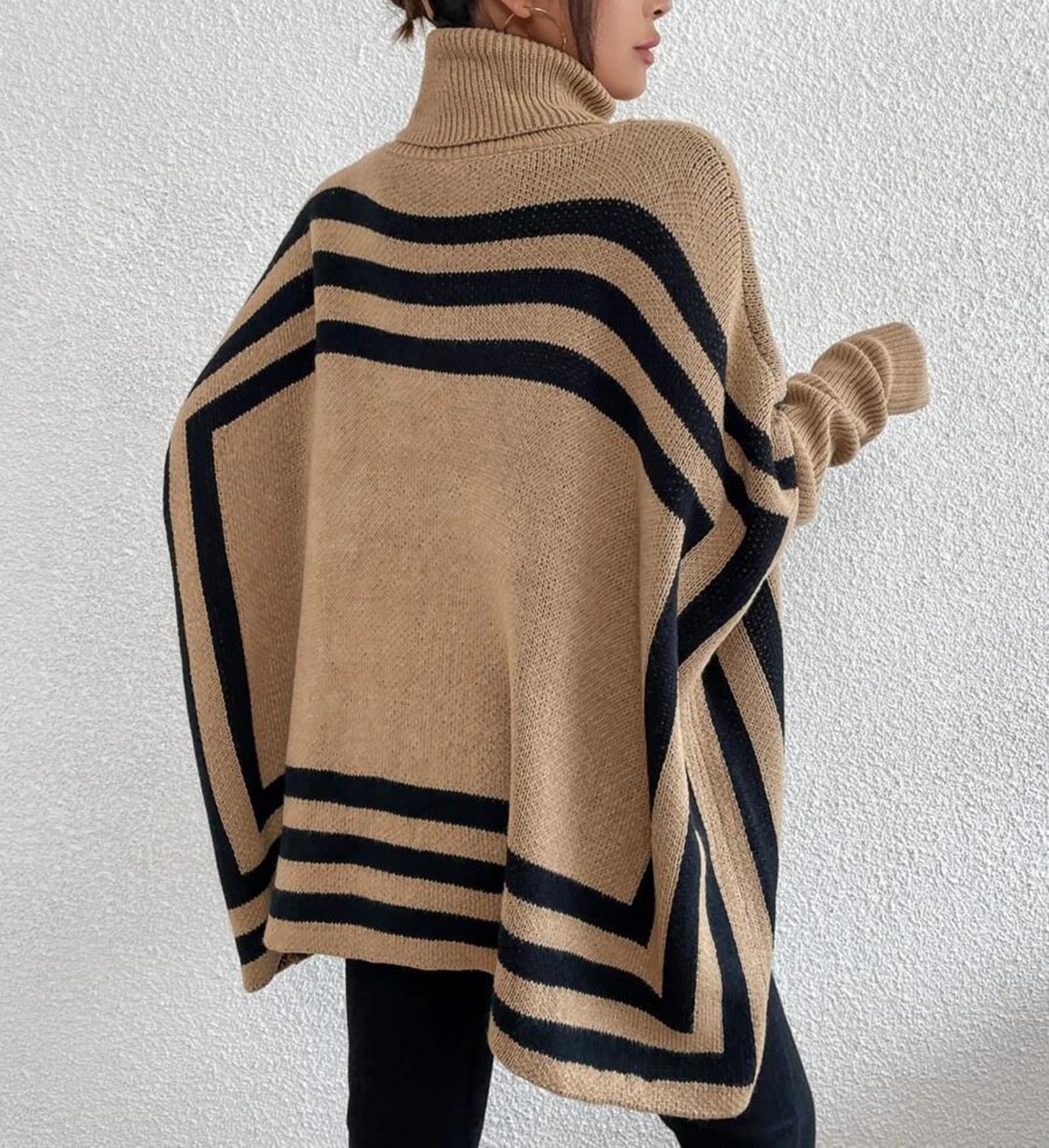 Dzianinowe Swetry Ponczo dla Kobiet Jesień Zima Pasiasty Golf Sweter Nietoperzowe RęKawy Oversize Sweter