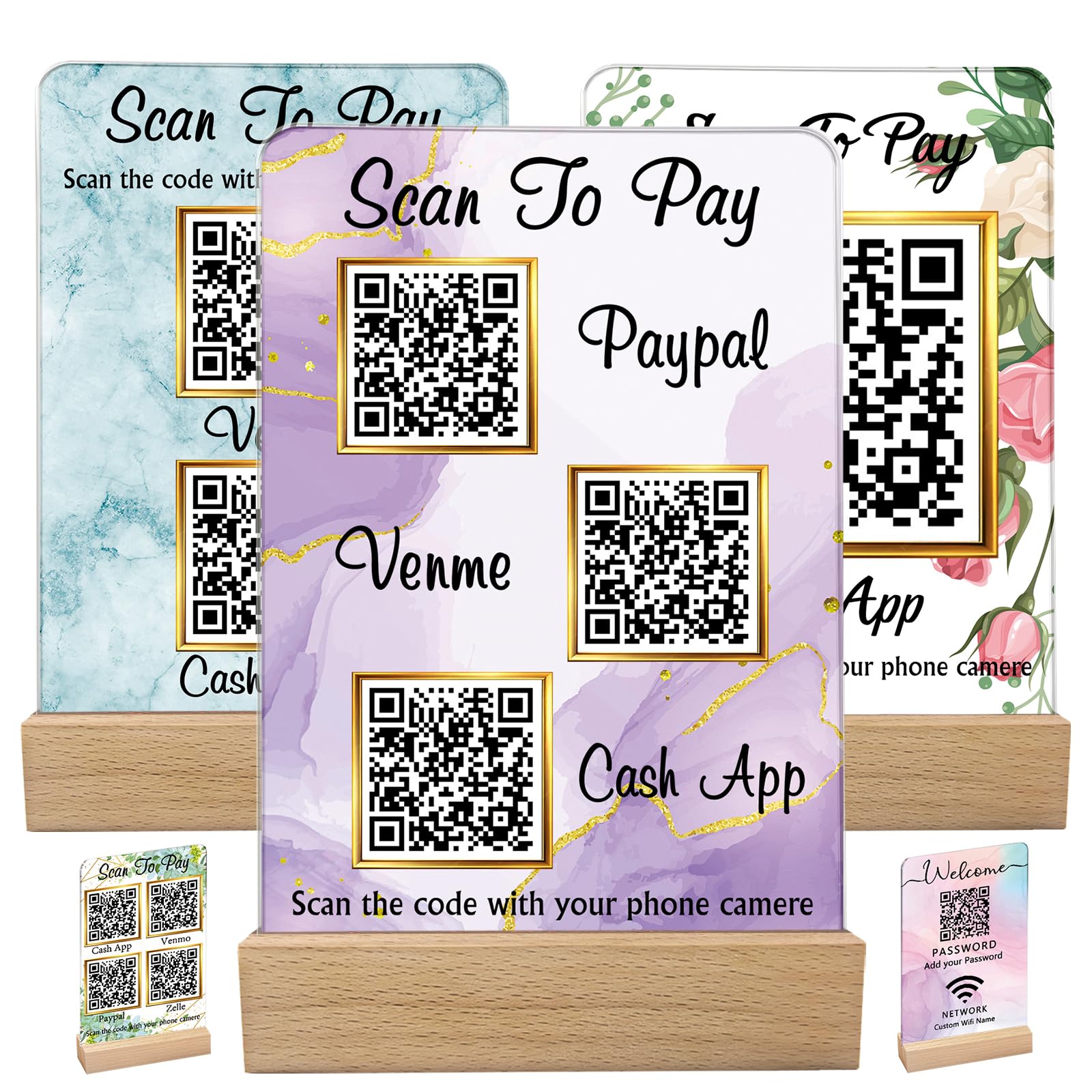 Custom Acrylic Multi QR Code Sign for Business Personalised Venmo Zelle Cashapp Paypal Scan to Pay QR Display Social Media Wifi QR Code Plaque for Salon Beauty Store-Vertical-3QR
