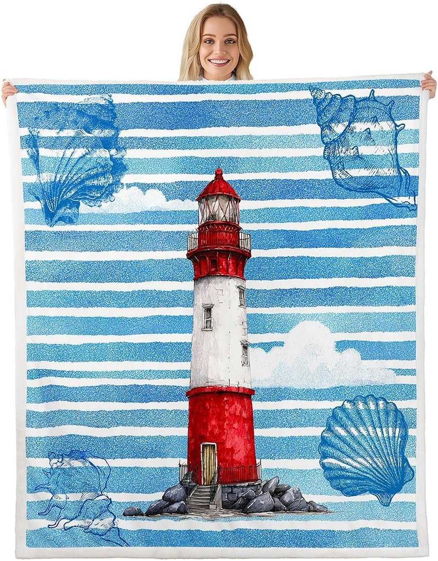 Nautical Theme Bed Blanket Kids Girls Lighthouse Print Sherpa Blanket Soft Cozy Lightweight Blue Watercolor Stripes Plush Fleece Shell Conch Blanket Gifts for Couch Bed Chair Sofa(Throw 50"x60")