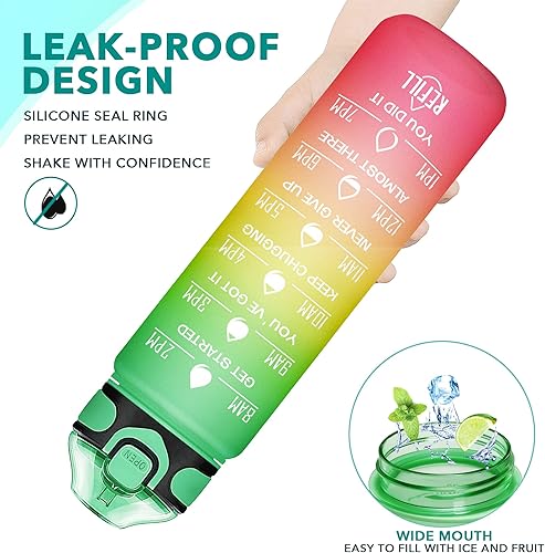 Miniatura 4 de Enerbone Botella de agua potable de 32 onzas con tiempos para beber y pajita, motivacional con correa de transporte, a prueba de fugas BPA y sin