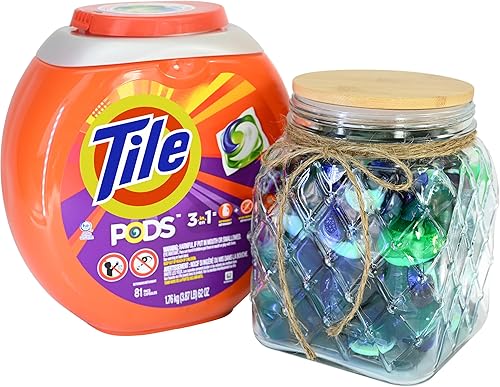 Miniatura 3 de Skywin Contenedor de vidrio para lavandería con diseño de cuerdas y tapa de madera, contenedor de almacenamiento de cápsulas de lavandería para