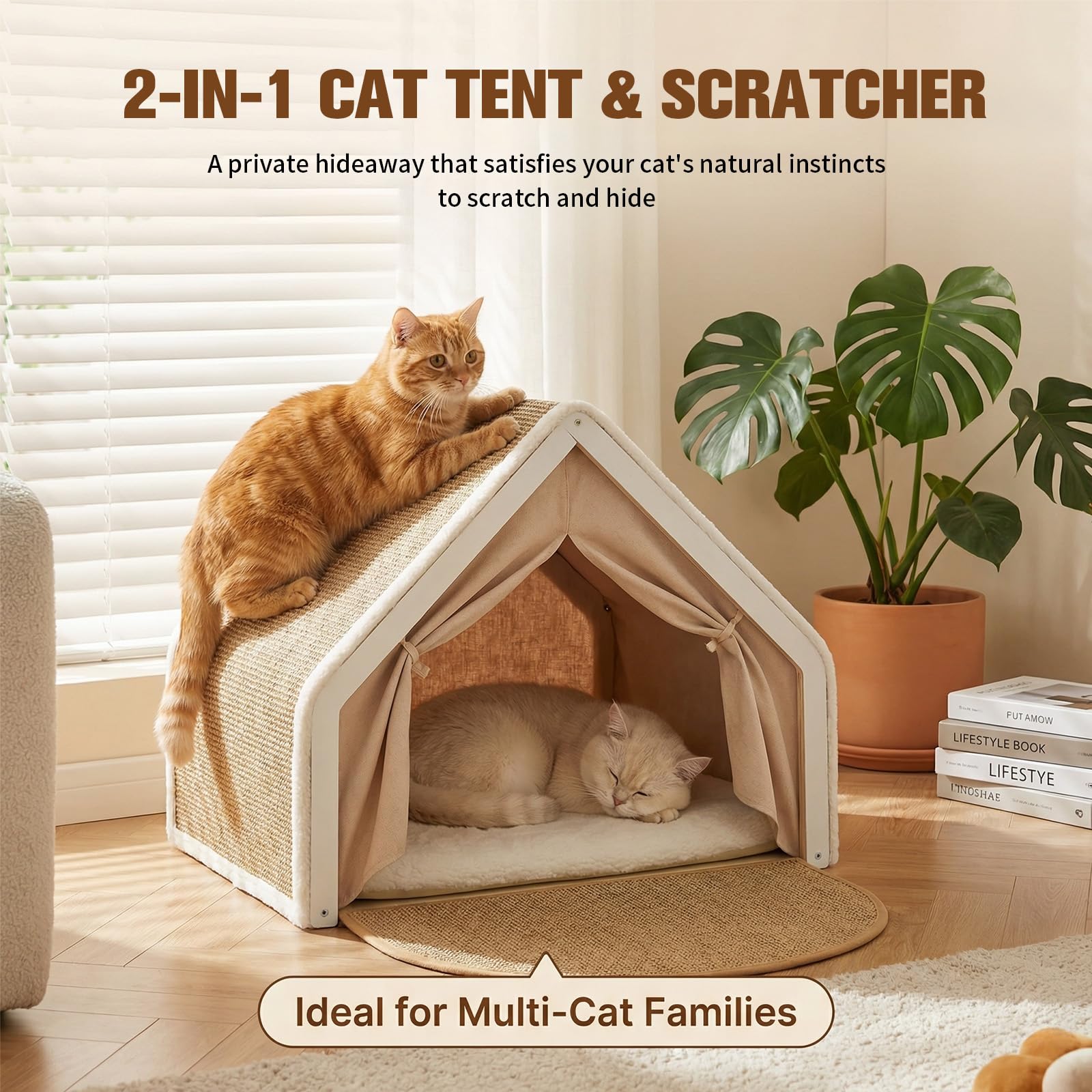 Katzenhaus, Katzenzelt, 2-in-1 Katzenzelt Drinnen und Kratzbrett Katze, Vereint Kratzmöglichkeit und Ruhezone, Bietet Platz für Zwei Katzen, (50×40×40cm)