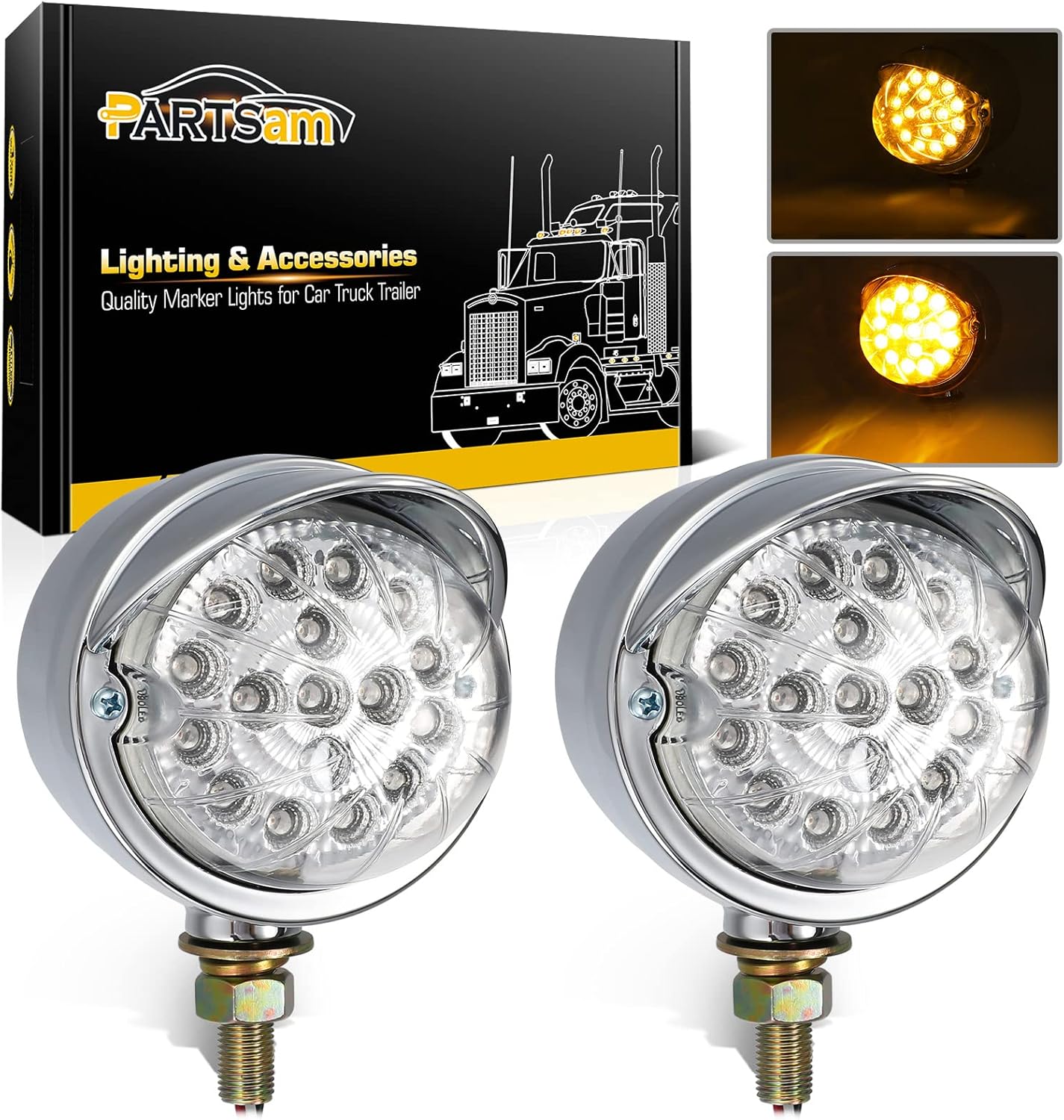 Partsam 2Pcs Clear Lens Amber 17 LED Chrome Single Face Watermelon