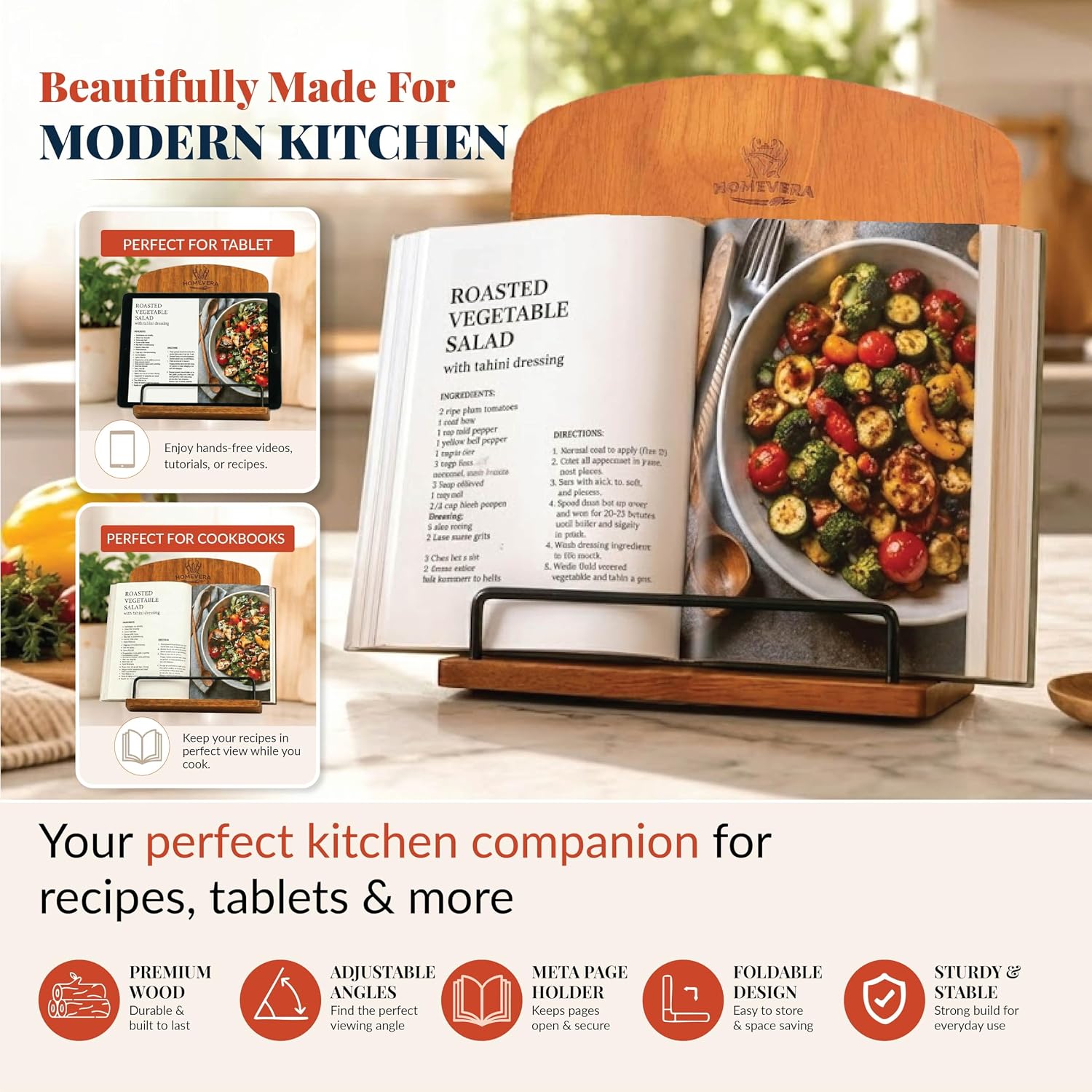 Wooden Cookbook Stand for Kitchen Counter, Recipe Book Holder