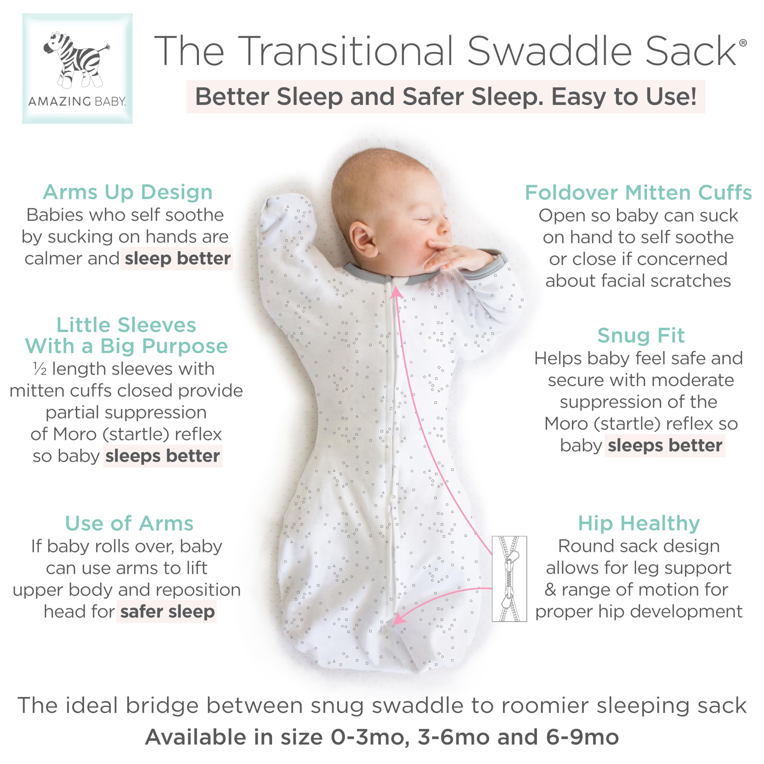 Amazing Baby Übergangs-Pucksack Baby, Pucktuch & Puckschlafsack für Neugeborene mit Arme-nach-Oben-Design, halblangen Ärmeln & Fäustling-Bündchen, M, 3-6 Monate, Confetti