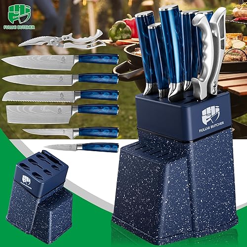 Miniatura 8 de FULLHI Juego de cuchillos de 8 piezas, juego de cuchillos de chef con bloque y afilador, juego de cuchillos de cocina, mango multicolor, regalos