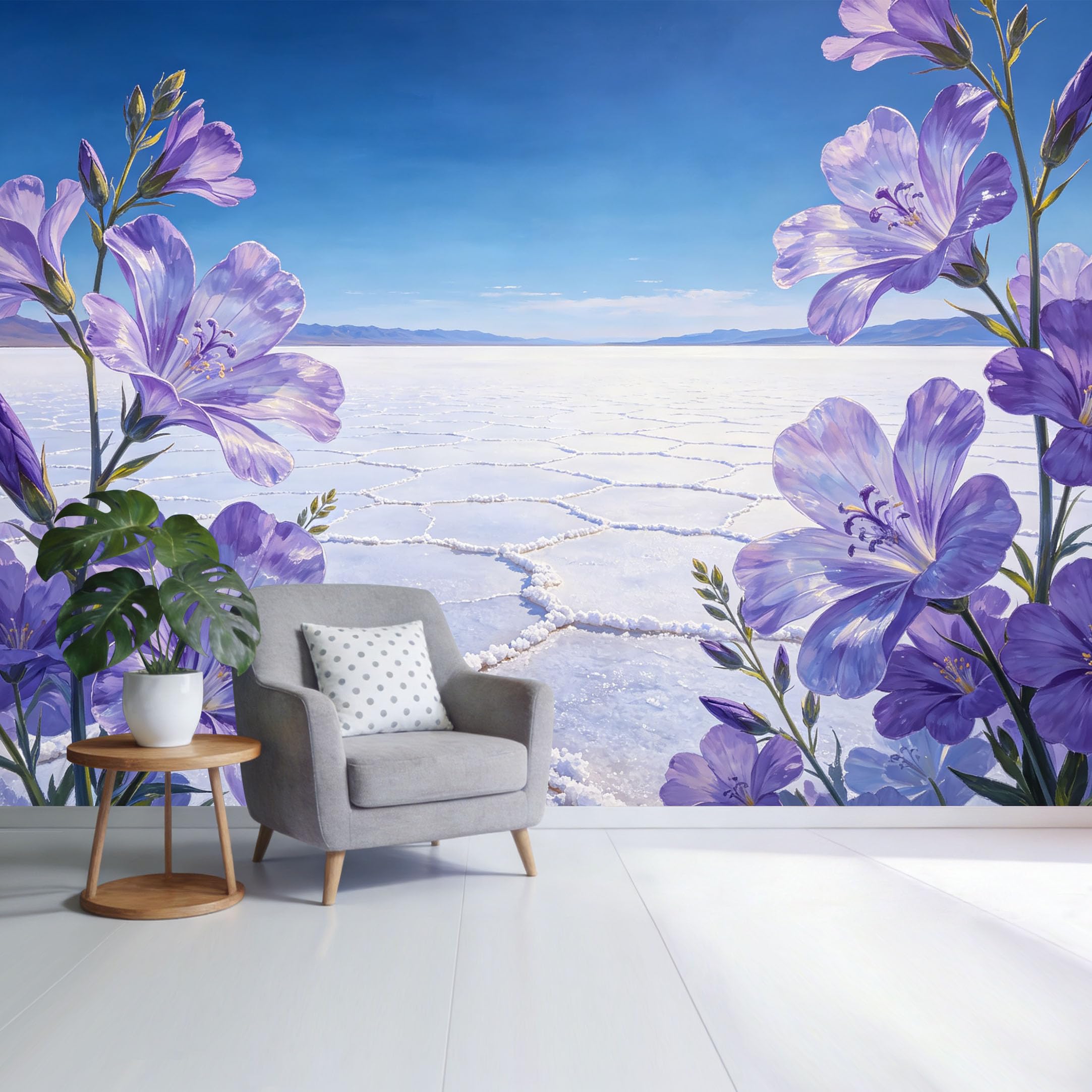 Custom Size Wall Mural Purple Wildflower Bloom Salt Lake Landscape Botanical Watercolor Style SelfAdhesive Wall Fabric Removable Wallpaper for Home Office Decor