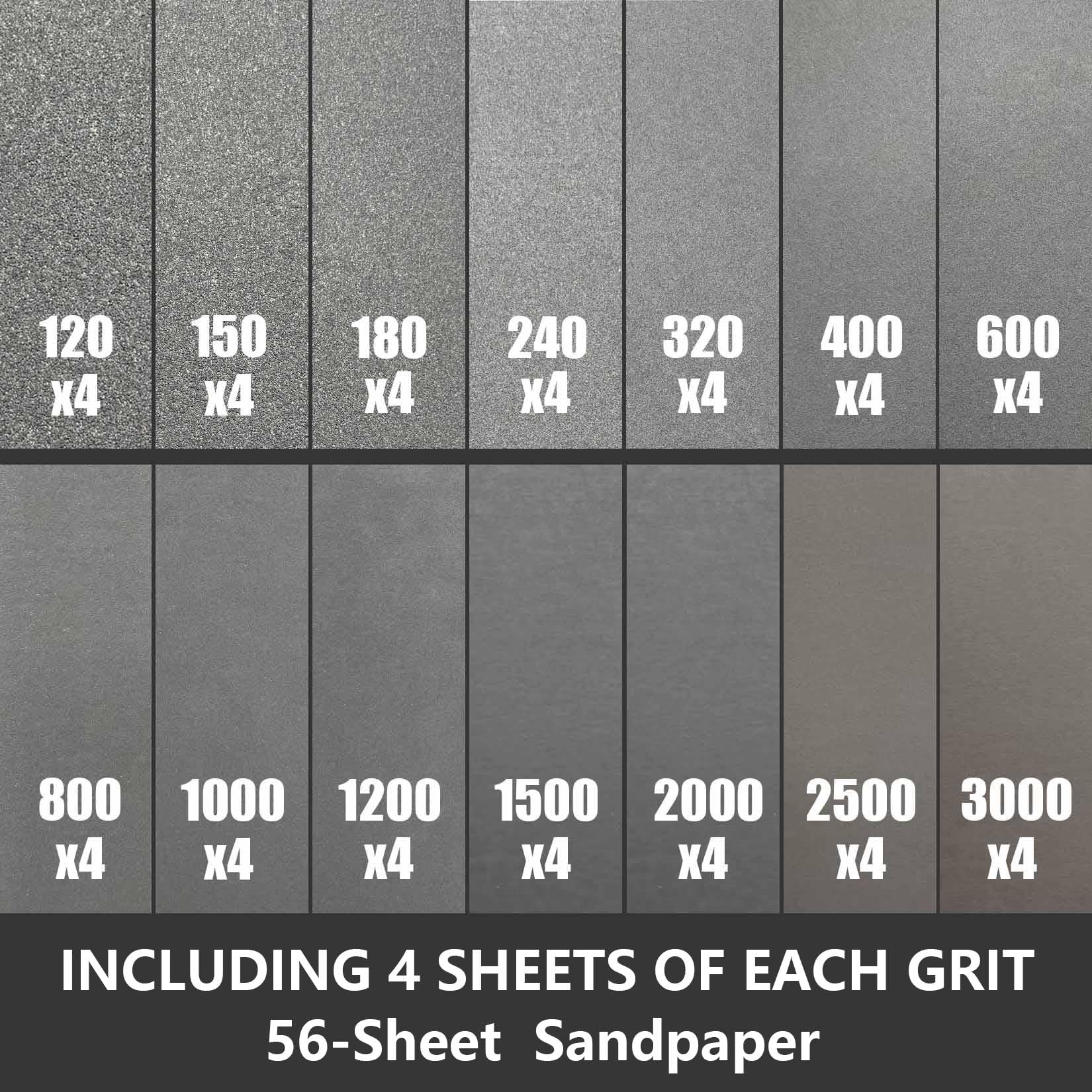 56pcs Surtido Papel de Lija 120/150/180/240/320/400/600/800/1000/1200/1500/2000/2500/3000 Grits, 23 x 9 cm para Lustramuebles Madera, Metal Abrillantar Coche, Pintura, Paredes, Cristal, Muro