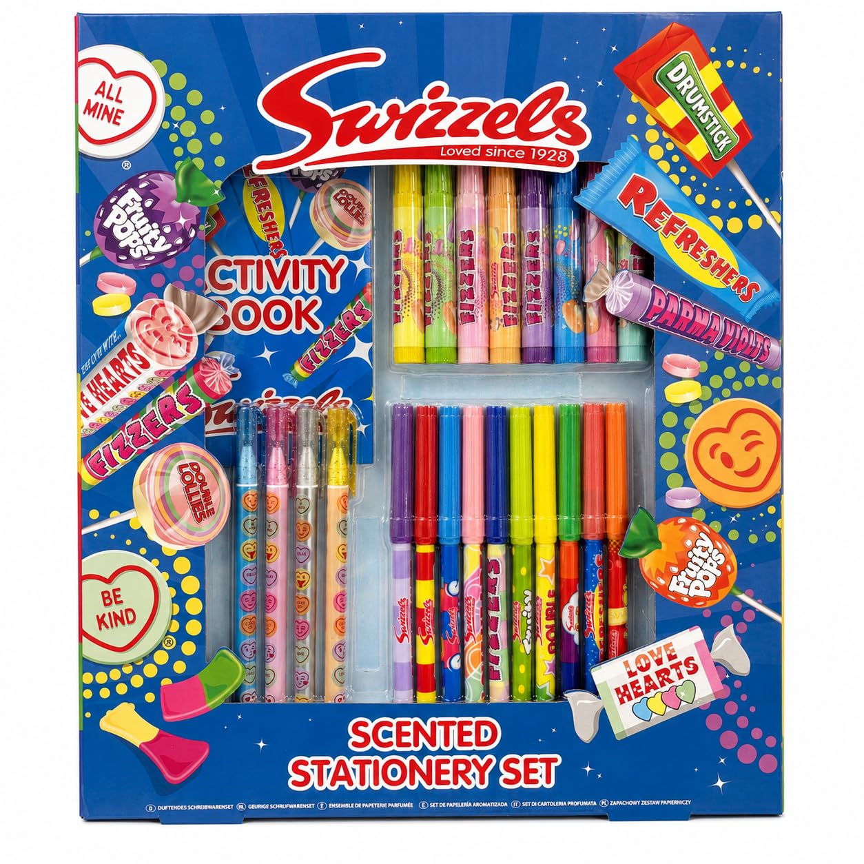Swizzels Scented Marker Pens Activity Set for Kids - 22 Pens with 10 Fine Markers, 8 Chunky Markers, 4 Gel Pens & Activity Book, Sweet-Themed Colouring Stationery Gift for Girls & Boys Age 3+