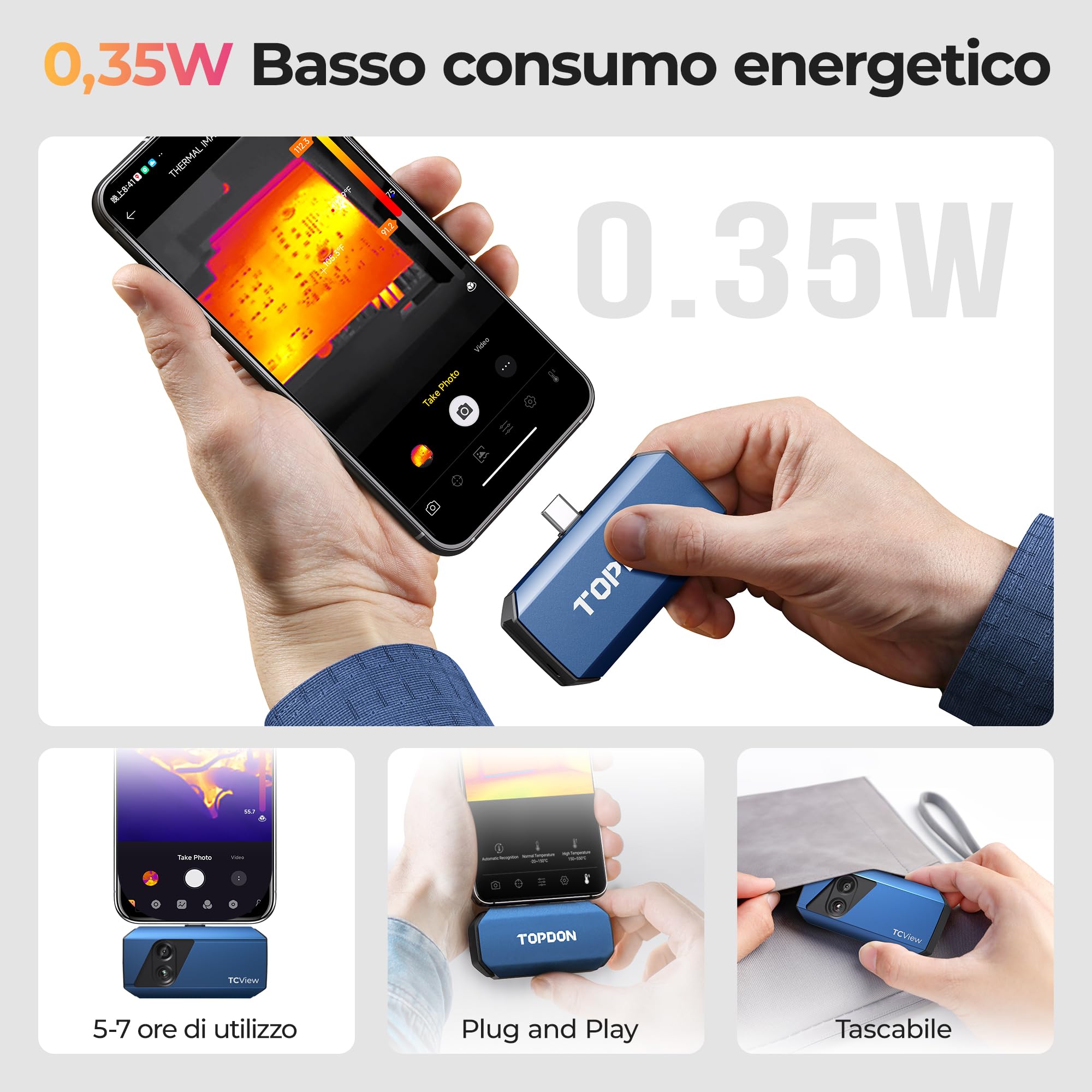 TOPDON TC001 Plus Termocamera Professionale per Android, 512x384 TISR Risoluzione con Cámara Visual, Telecamera Termica de Doble Lente, -20℃ a 550℃, Precisione 0.1℃, Frequenza di Aggiornamento 25Hz