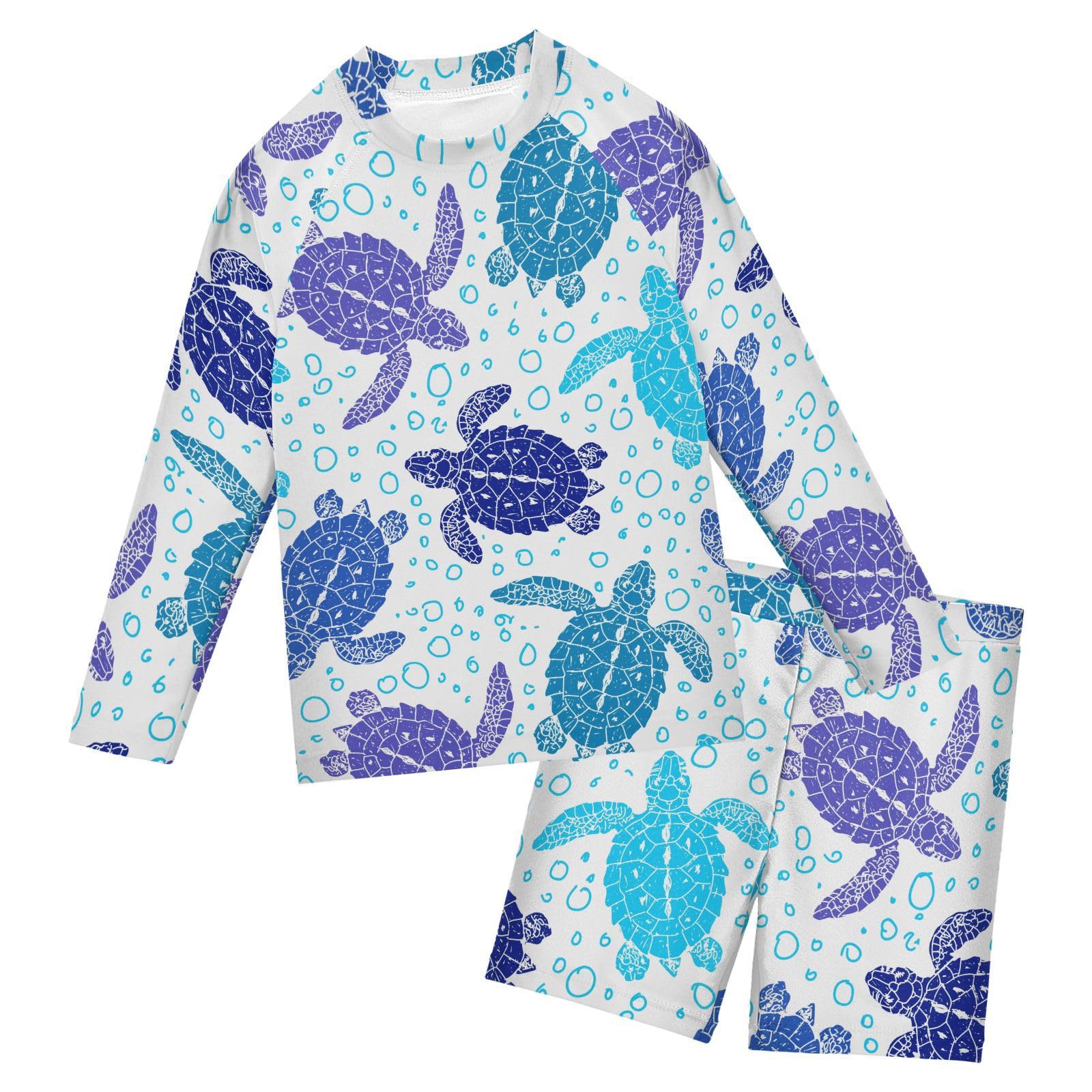 Aflyko Boys 2-Piece Swimwear Silhouette Purples Sea Turtle Bubble Rashguard Set Swim Trunks with Shirt Soft Fabric Little Kid Board Shorts Comfy for Everyday Swimmer, 5-6T