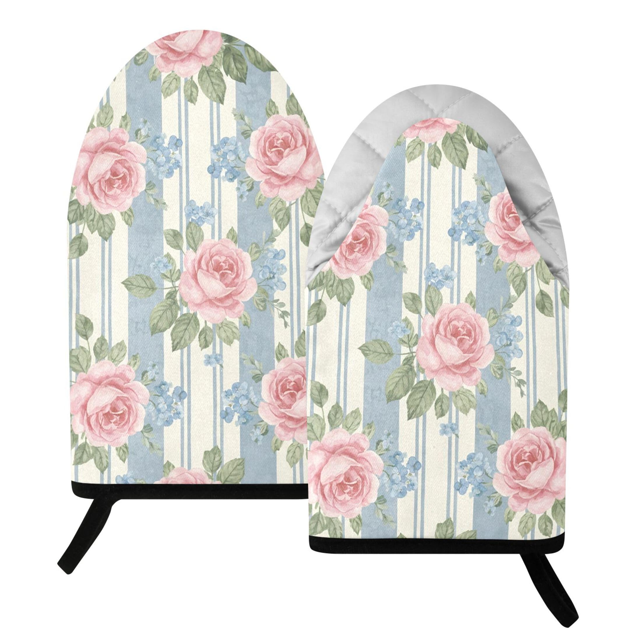 Kutsu Roses Oven Mitts for Kitchen, Heat Resistant Cotton Oven Gloves for BBQ Baking Cooking, Breathable Kitchen Essentials, 2 pcs