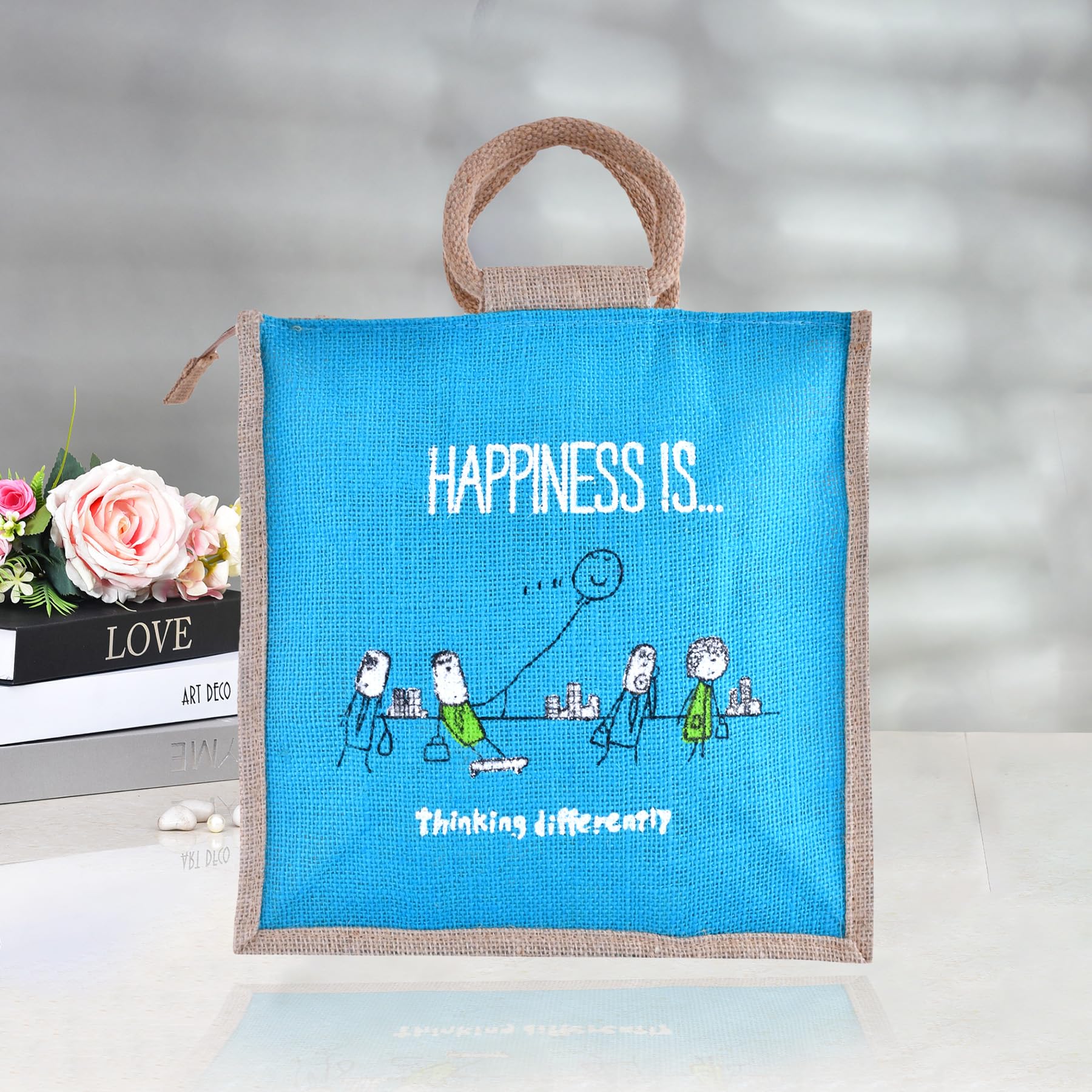 Kuber IndustriesKuber Industries Grocery Bag | Jute Carry Bag | Lunch Bags for Office | Zipper Grocery Bag with Handle | Vegetable Bag | Blue Happiness Shopping Bag | Medium | Brown