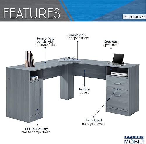 Miniatura 4 de Techni Mobili Escritorio funcional para computadora en forma de L con almacenamiento, L es 59.5 pulgadas de ancho x 59.5 pulgadas de largo, color