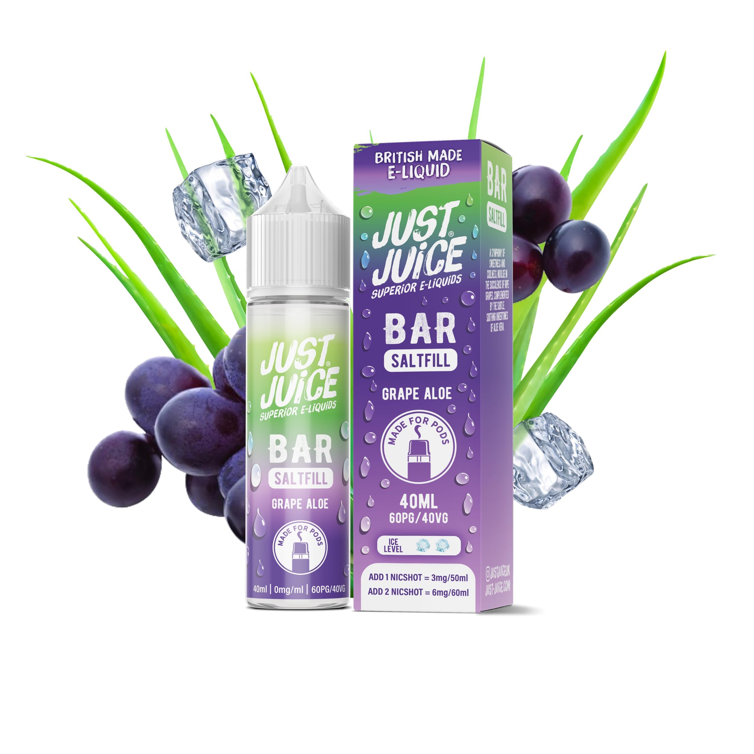 Just Juice Superior E-Liquids Bar Saltfill Vape Liquid - Grape Aloe Flavour - 60ml Bottle with 40ml of Super Concentrated Juice, 60/40 0mg e-Liquid