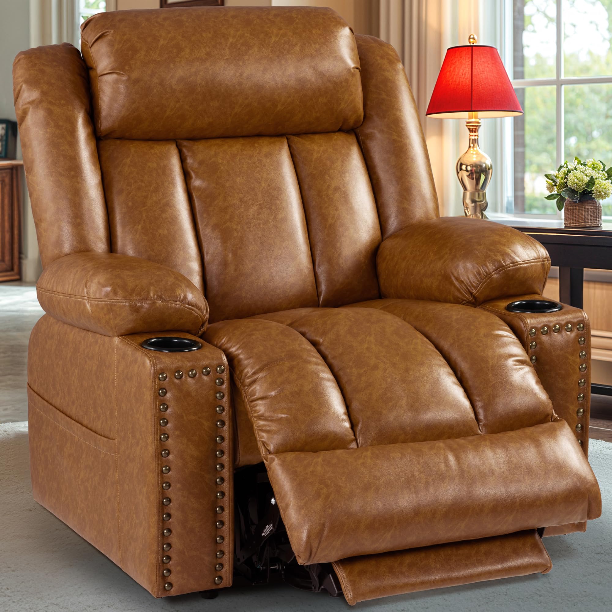 Triple Motor Large Power Lift Recliner Chair for Elderly with Heat and Massage, Lay Flat Lift Chairs for Seniors Infinite Position, Extended Footrest, USB Ports, Caramel (Incomplete box A missing box B)