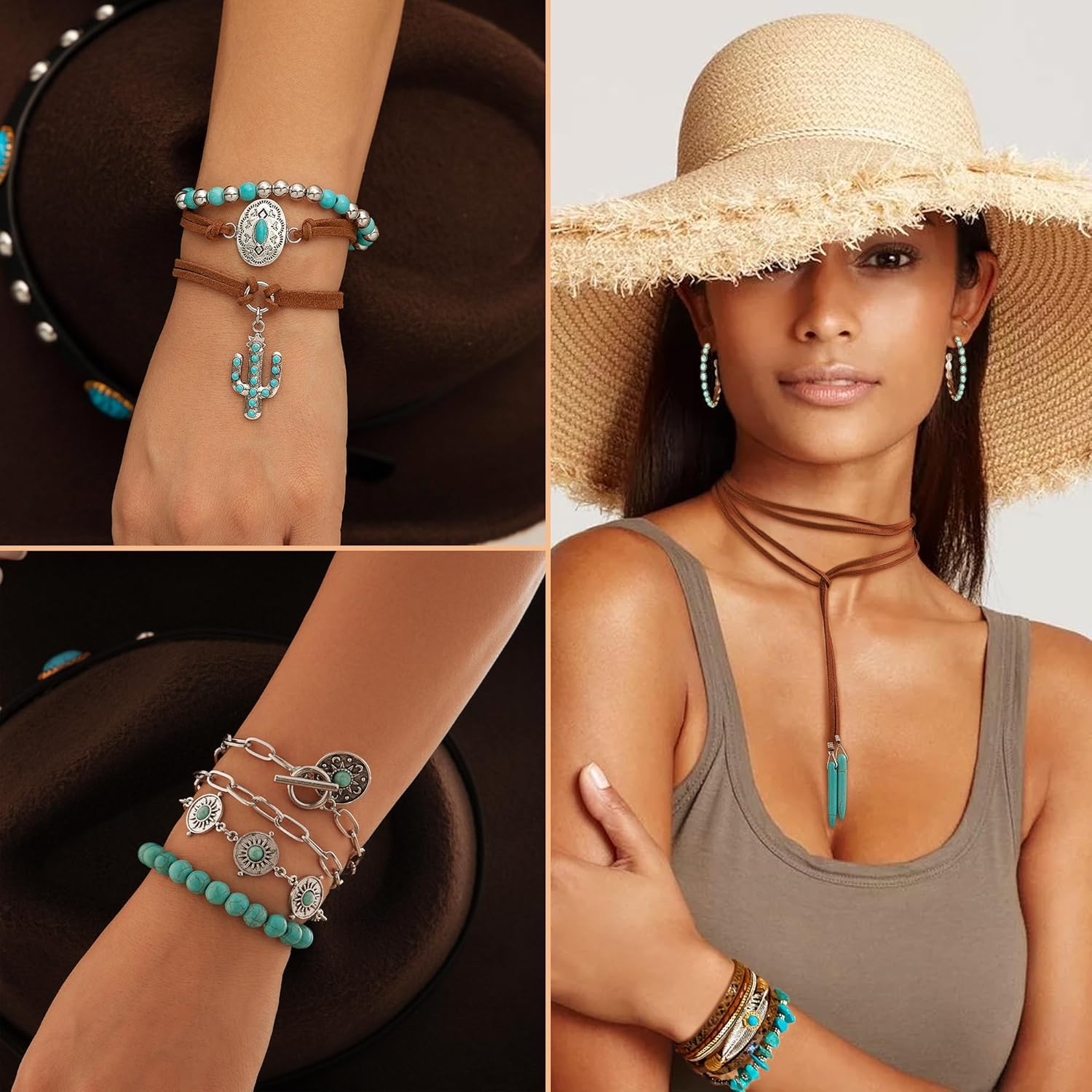 Bohemian Turquoise Jewelry Set for Women Boho Turquoise Layered Necklace Bracelet Western Belt Stackable Ring Earrings Western Jewelry Accessories - Image 5