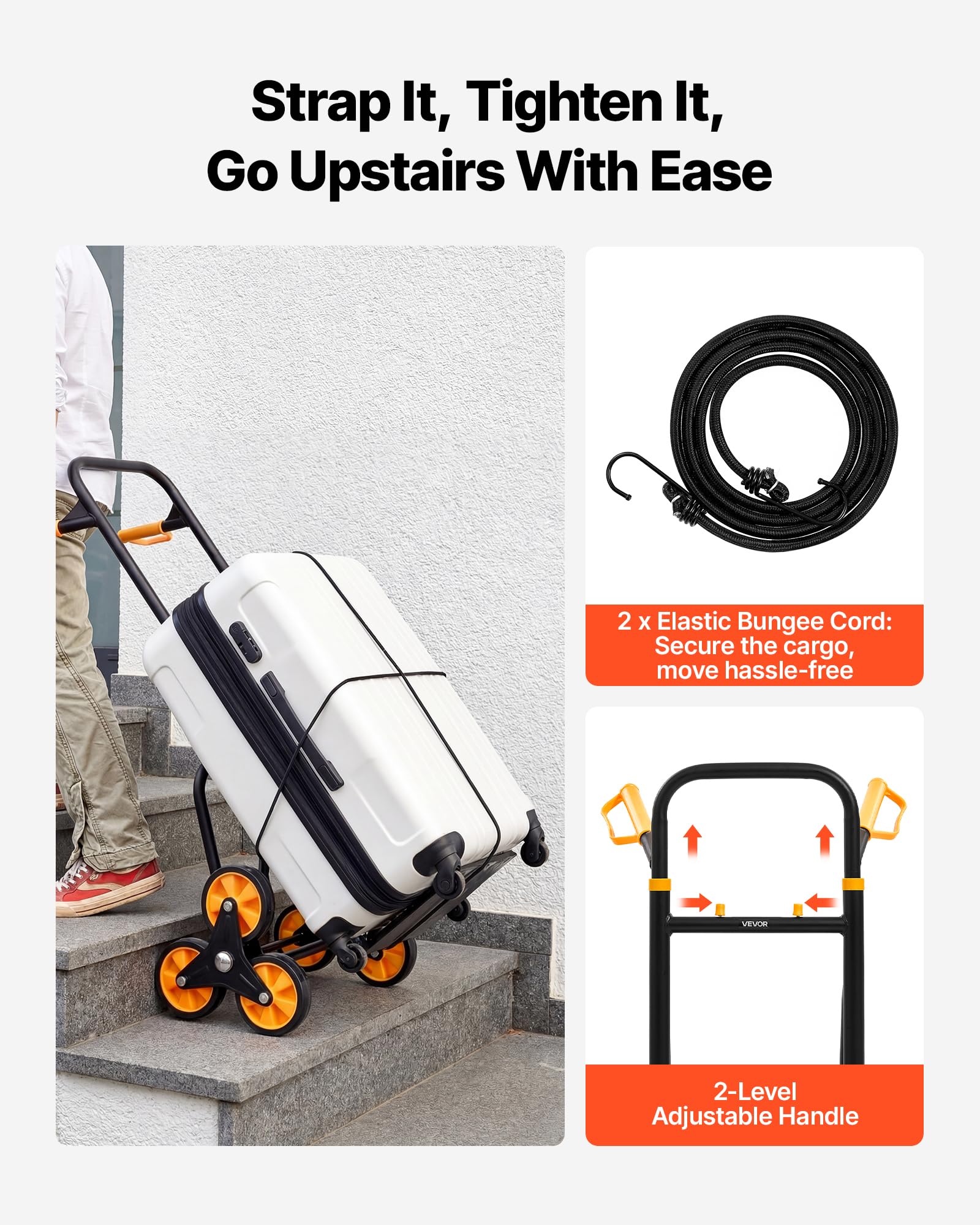 VEVOR Carretilla para Subir Escaleras Carga de 200 kg, Carro de Escalera Plegable con Asa Telescópica, 6 Ruedas y 2 Cuerdas Elásticas, para Transporte, Almacén, Centro Comercial, Mudanzas, Oficina