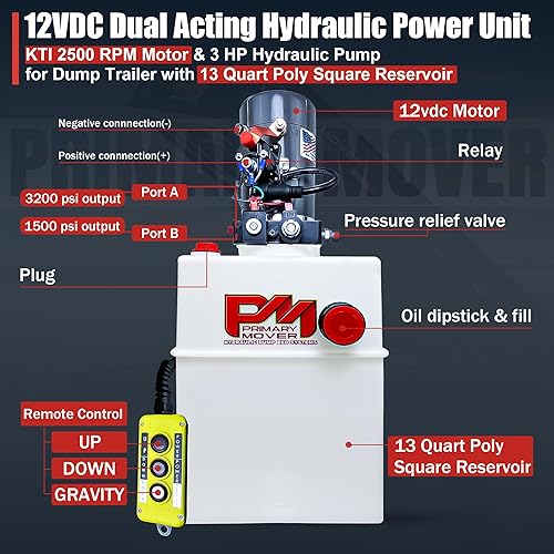 Miniatura 9 de Bomba de remolque hidráulica de doble efecto KTI de 12 V - Unidad de potencia con depósito de polietileno de 4 cuartos y control remoto.