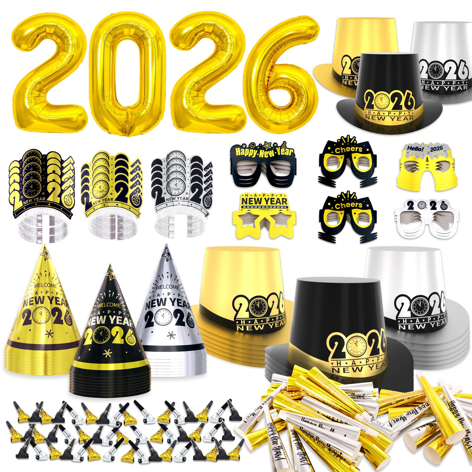 new years eve party supplies 2026 for 90 guests, happy new years decorations party favors includes top hats, tiaras, glasses accessories for adults kids nye decorations 2026