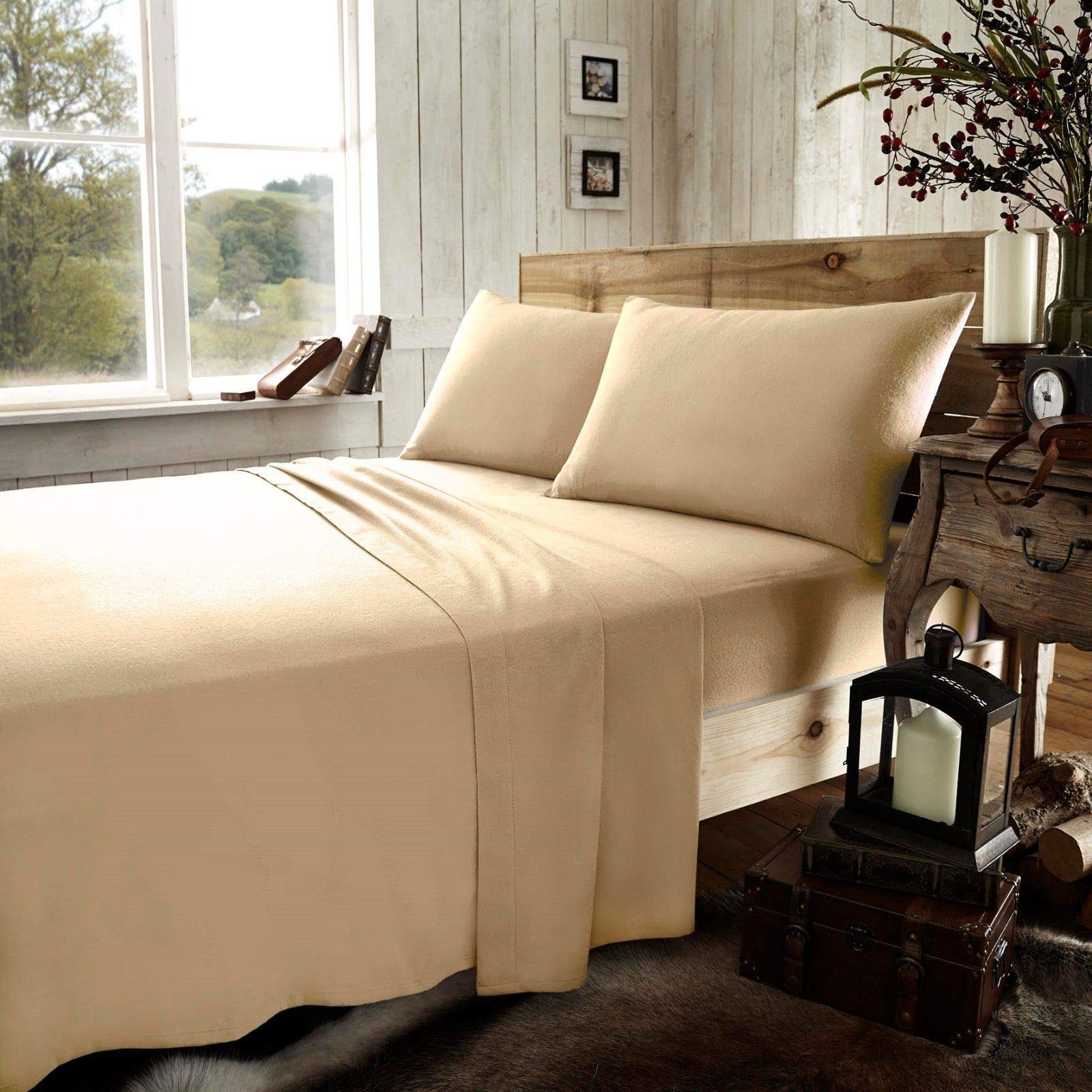 Gaveno Cavailia Luxury Brushed 100% Cotton Plain Dyed Flannel Flat Sheet, [ Super King - Latte ] — image 1