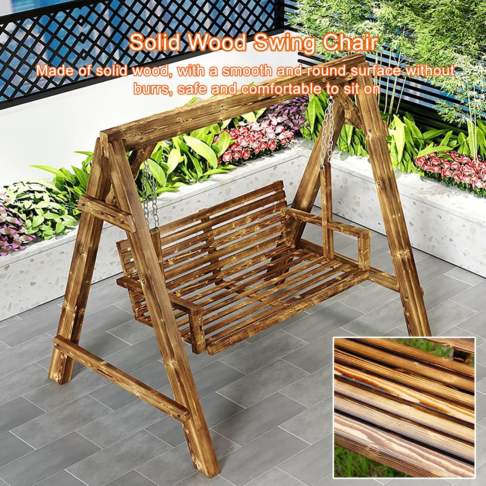Altalena da portico in legno con supporto, panca da patio a 2 posti con schienale e braccioli, resistente capacità di 362,9 kg, per giardino, cortile, terrazza, relax a bordo piscina