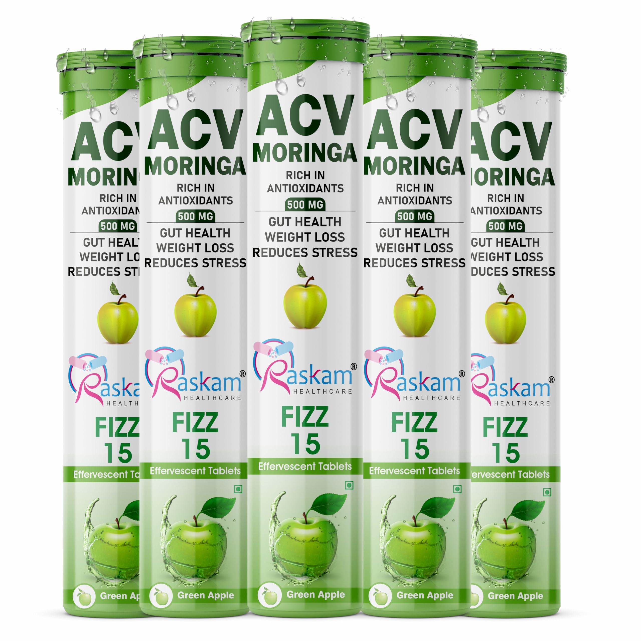 Raskam ACV Moringa Effervescent Tablets | Fizz 15 Tablets in Green Apple Flavor, 500mg| Natural Energy & Immunity Booster with Antioxidants to Control Cravings (Pack of 5)