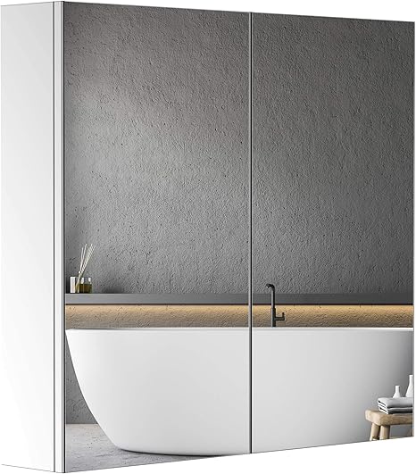 Homcom Stainless Steel Wall Mounted Bathroom Mirror Storage Cabinet Double Doors 600mm W Amazon Co Uk Home Kitchen