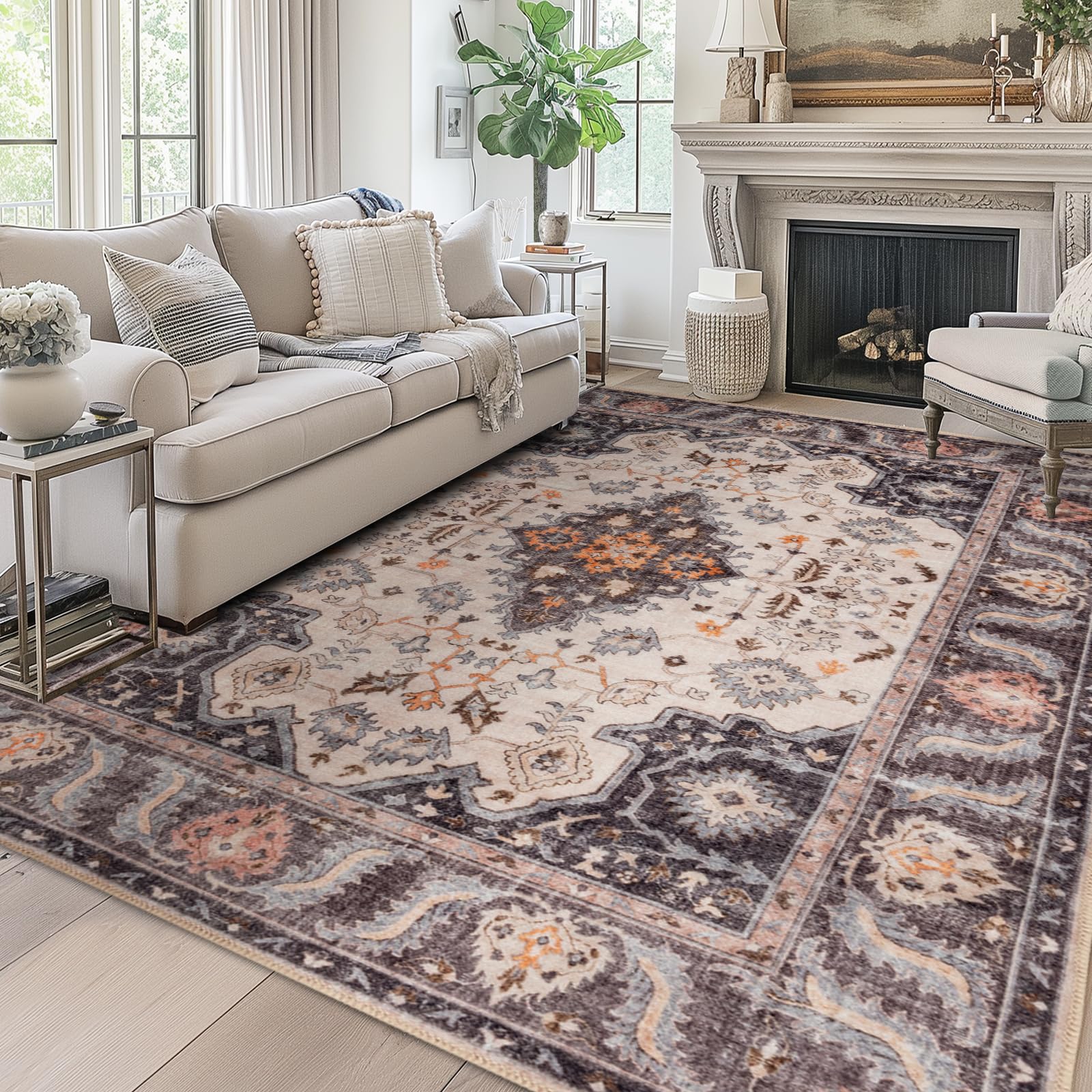 Area Rug 9x12 for Living Room Soft Machine Washable Low Pile Area Rugs Vintage Boho Bedroom,Dinner Room Non-Slip Carpet Rug - Ivory Grey