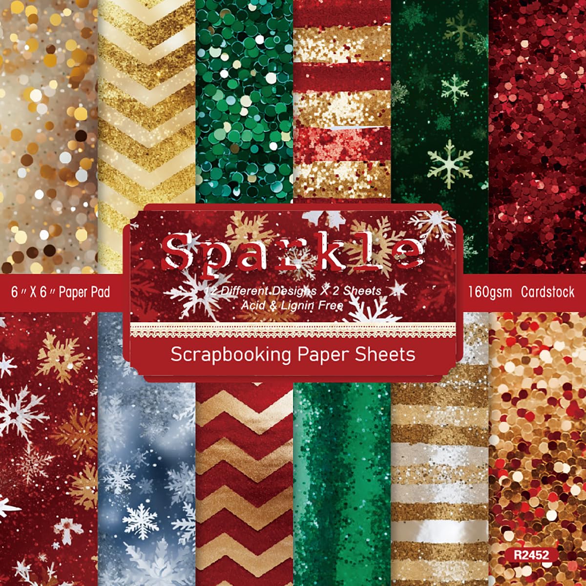 Verve Jelly 24 Sheets Christmas Pattern Paper, Single-Sided Craft Papers 6in Sparkling Background Paper Pack for Card Making Scrapbook Handwork