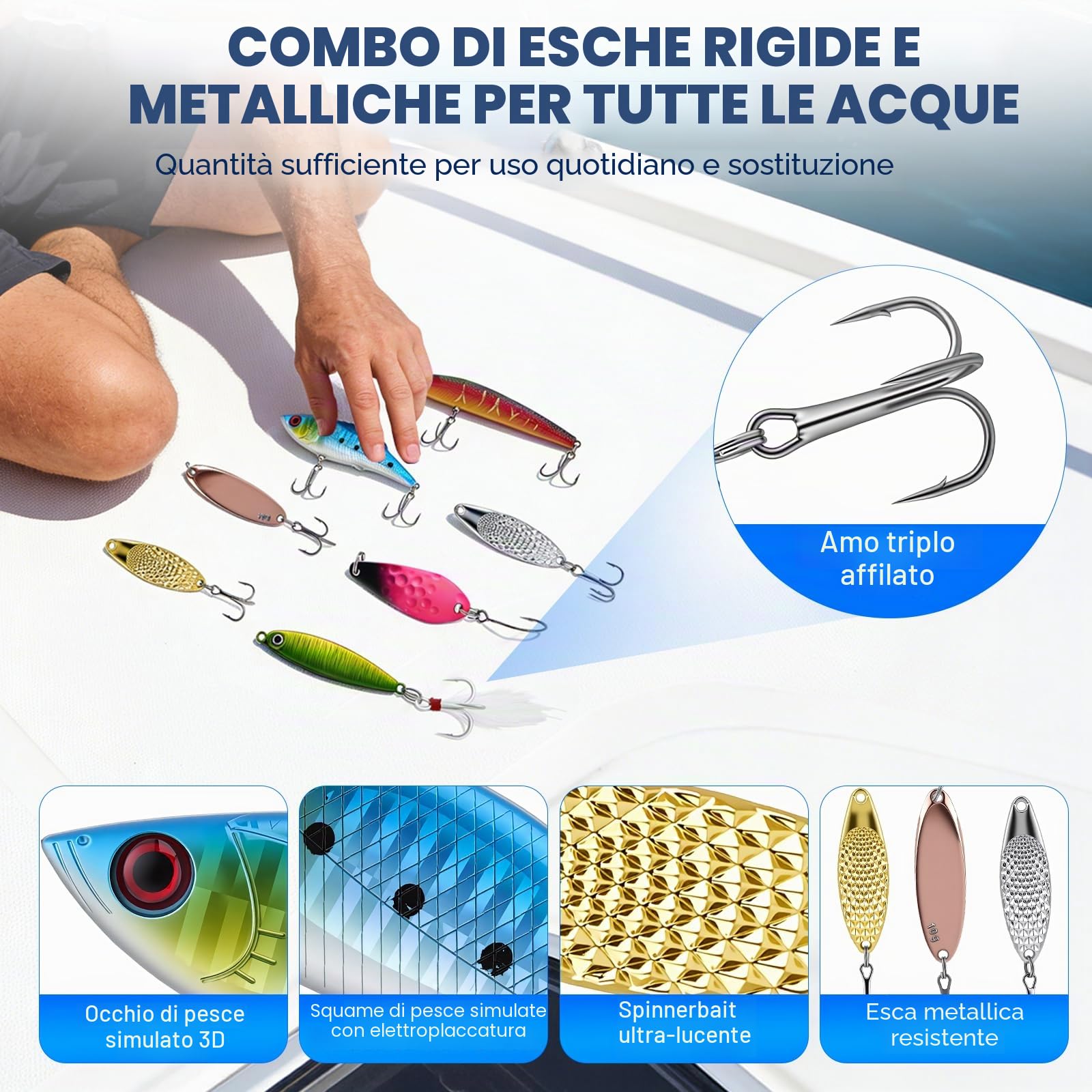 Set di 460 accessori da pesca con scatola per esca, set di esche da pesca e set di attrezzi con clip per labbra, rimuovi ganci, frecce per cucchiai, spinner, jigs, attrezzatura da pesca per bambini