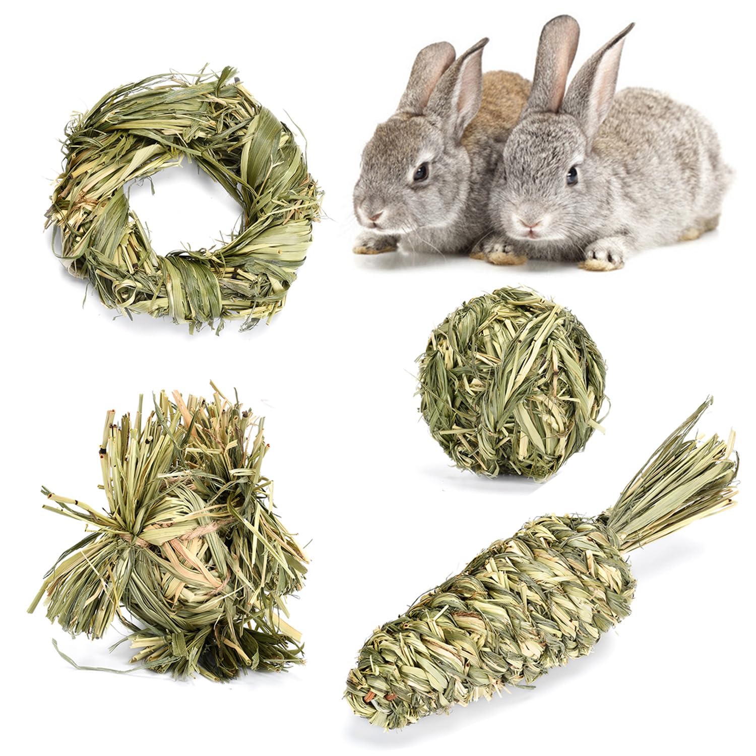 ZYYRSS 4PCS Timothy Rabbit Timothy Grass Ball Set, Small Animal Activity Play Balls Chew Toys Teeth Grinding for Bunny Guinea Pig Hamster Rat Gerbil Chinchilla