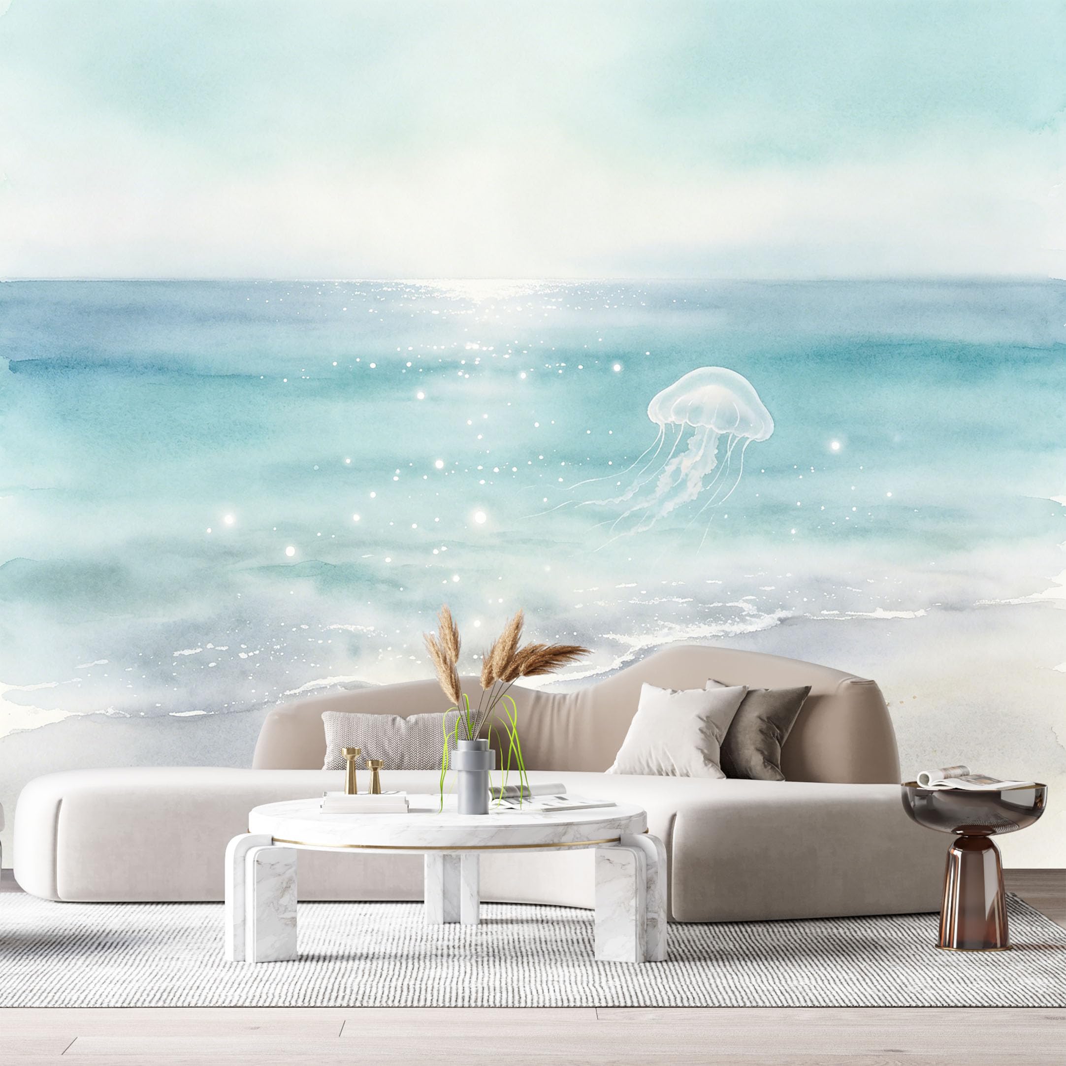 Custom Size Wall Murals Ocean Marine Watercolor Jellyfish Seashells SelfAdhesiveWall Fabric Removable Wallpaper Wall Decor for Living Room Bedroom Bathroom