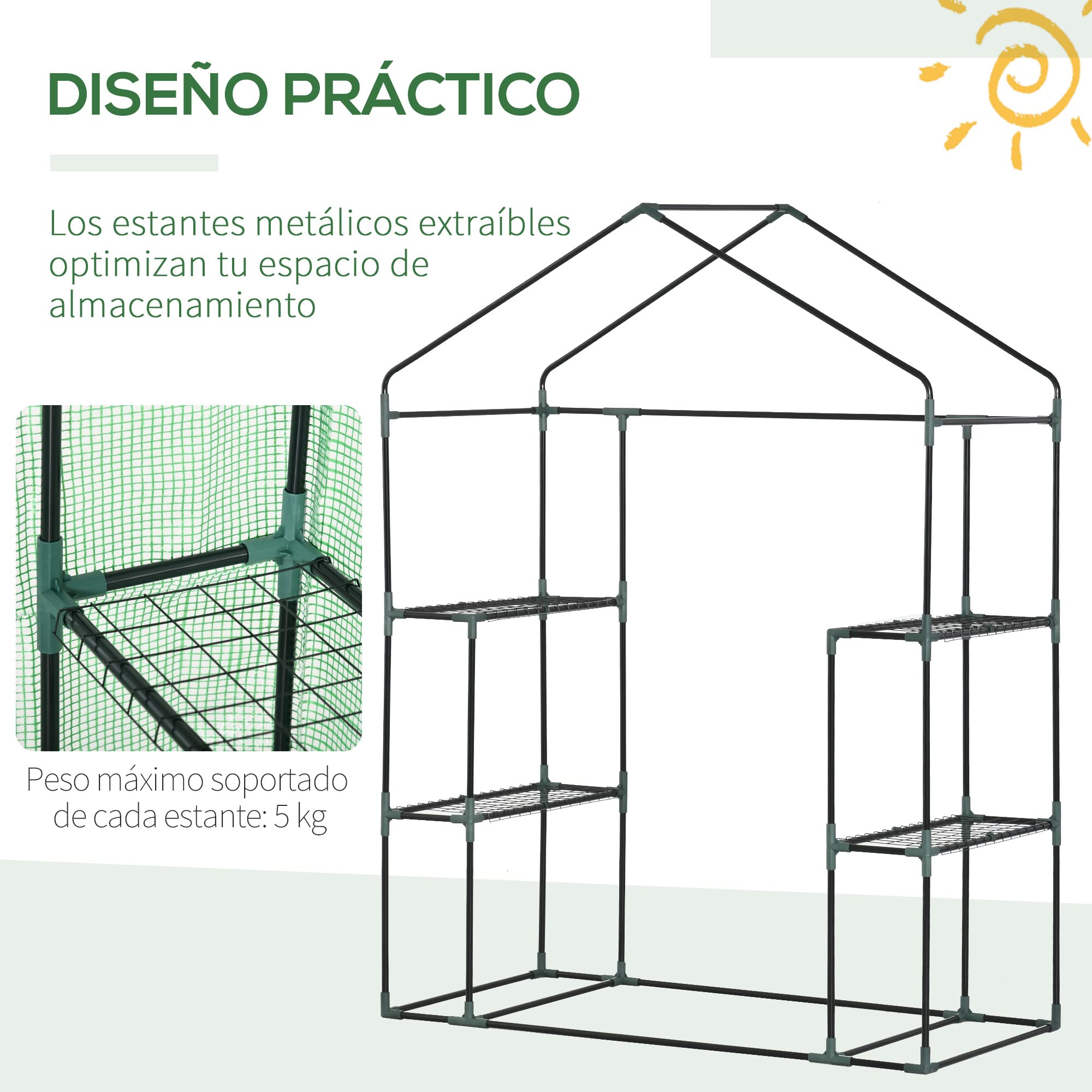 Outsunny Invernadero de Jardín con 4 Estantes 141x72x191 cm Verde | Puerta Enrollable, Cubierta de PE 140g/M², Marco de Acero, para Cultivos Plantas Macetas Flores