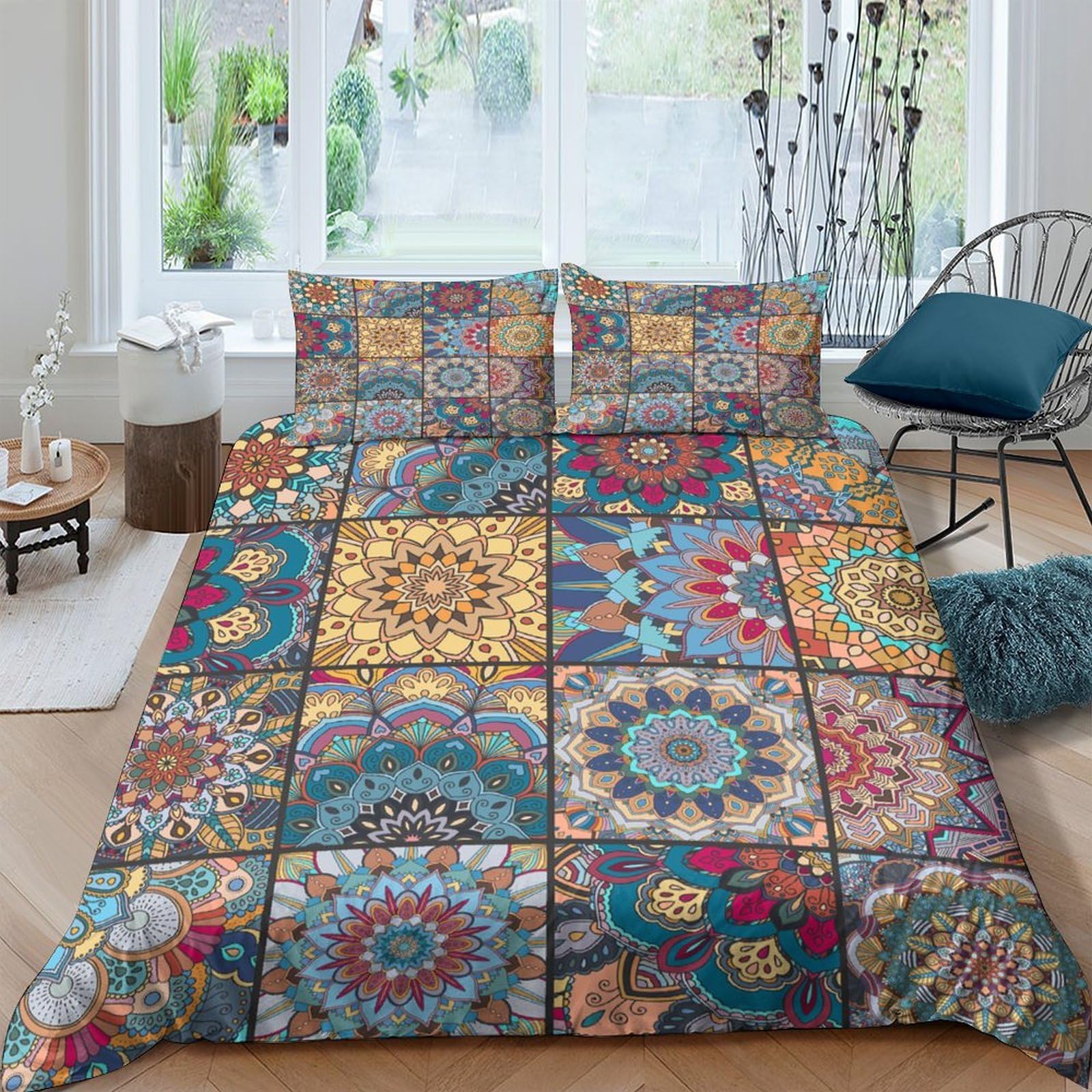 Ctjqhvkz Style-1 3D Printed Boho Mandala Fitted Sheet Microfiber Colorful Mosaic Mattress Cover Anti-Slip Bed Decor For Bedroom Guest Room Single（135X200cm）