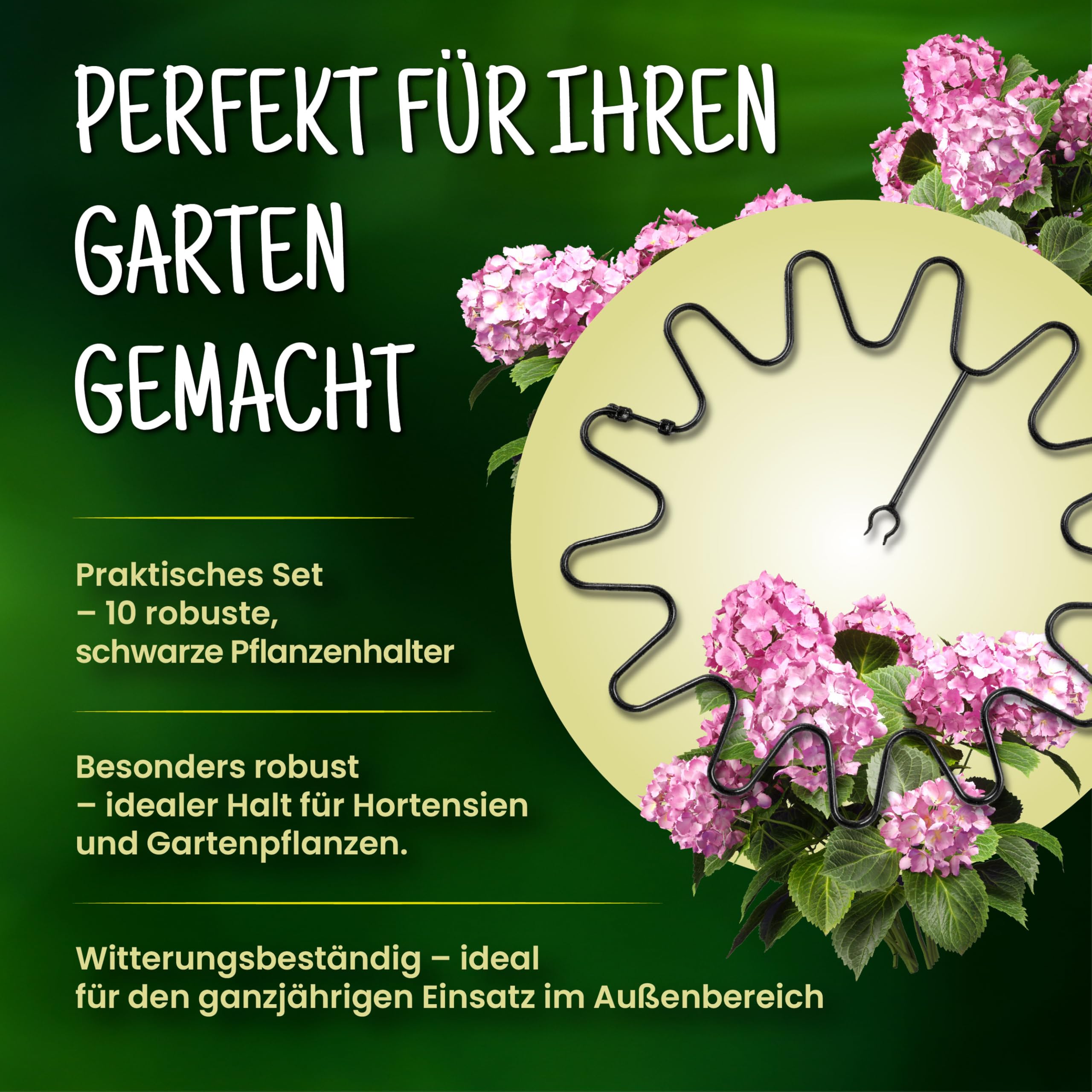 ARPON Staudenhalter rund 10 Stück – Einstellbare Blumenstütze & Pflanzenstütze Ø 21,5 cm – Ideal als Hortensien Stütze, Strauchstütze, Staudenstütze & robuster Blumenhalter im Garten