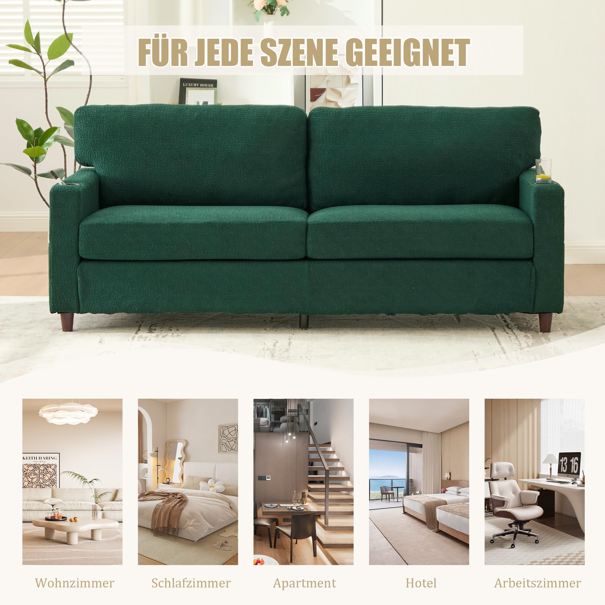 Divano biposto dal design moderno, divano con USB-C, illuminazione d'ambiente LED, divano 2 posti con portabicchieri e tasche laterali, tessuto ciniglia, adatto per soggiorno o ufficio, verde smeraldo
