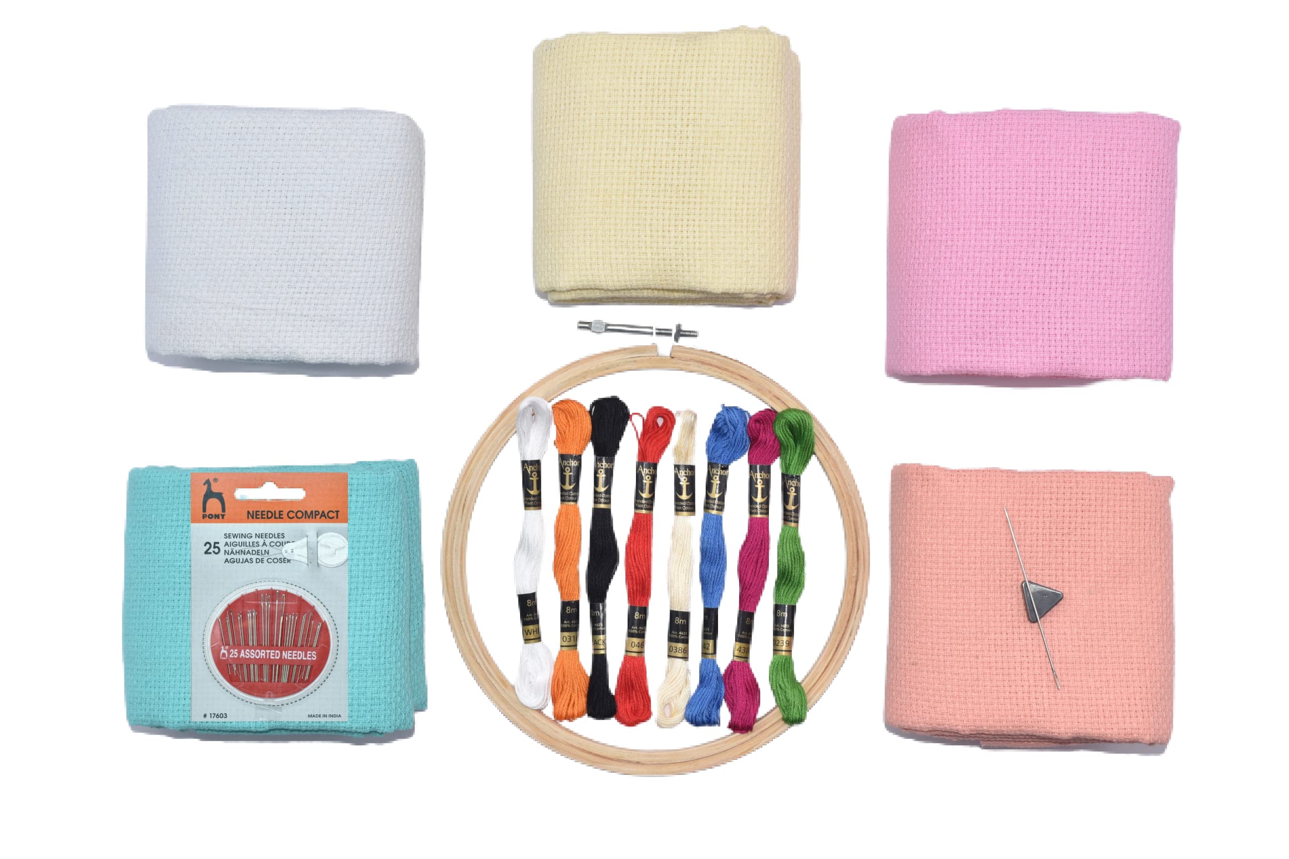 HUNNY- BUNCH® 5 Assorted Shades Matty Fabric (White, Pink, Teal, Peach, Lemon Yellow) 1 metre Each + 8 Skeins Anchor Threads+ 8 Inch Frame + Assorted Pony Needle Set+ Large Embroidery Needle+ Magnet-image-49