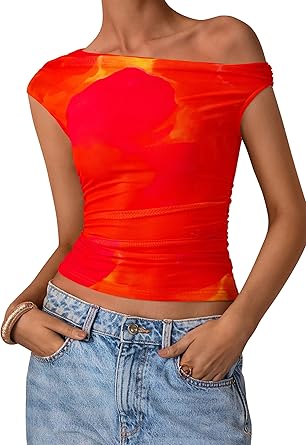 PRETTYGARDEN Women's Off Shoulder Tops 2025 Summer Floral Mesh Going Out Crop Tank Tops Asymmetrical Tight Y2K Shirts Clothes