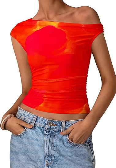 PRETTYGARDEN Women's Off Shoulder Tops 2025 Summer Floral Mesh Going Out Crop Tank Tops Asymmetrical Tight Y2K Shirts Clothes