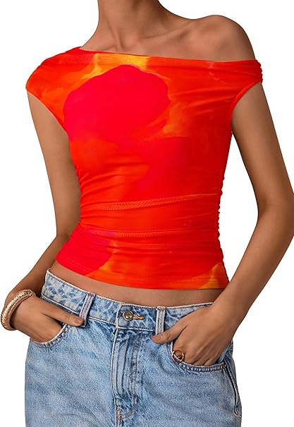 PRETTYGARDEN Women's Off Shoulder Tops 2025 Summer Floral Mesh Going Out Crop Tank Tops Asymmetrical Tight Y2K Shirts Clothes