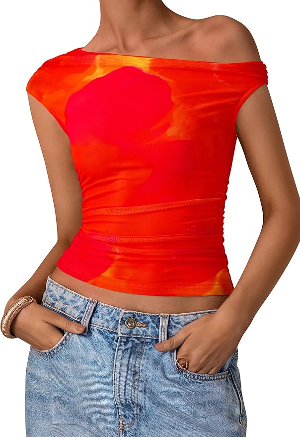 PRETTYGARDEN Women's Off Shoulder Tops 2025 Summer Floral Mesh Going Out Crop Tank Tops Asymmetrical Tight Y2K Shirts Clothes