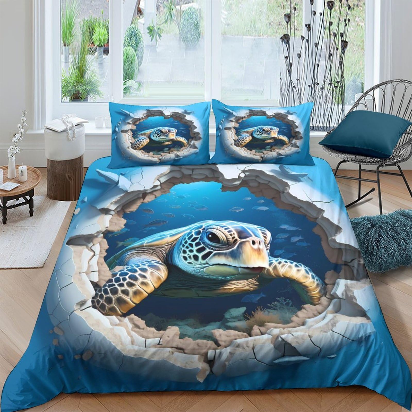 P5V6M1Q9 3D Printed Sea Turtle Ocean Duvet Cover Microfiber Soft Breathable Underwater Bedding Set with 2 Pillowcases for Bedroom Decor Single（135x200cm）